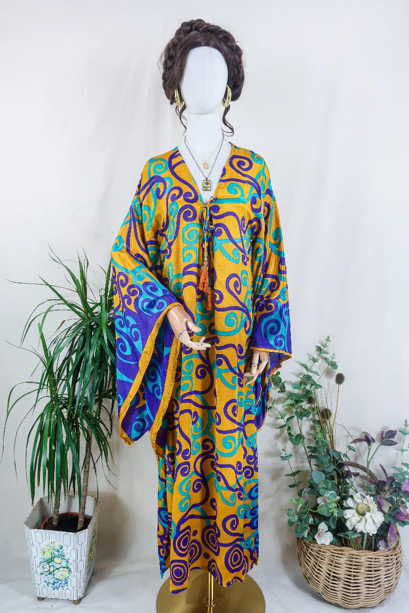 Cassandra Maxi Kaftan - Golden Yellow, Purple & Mint Green Swirls - Vintage Sari - Size M/L - Image 2