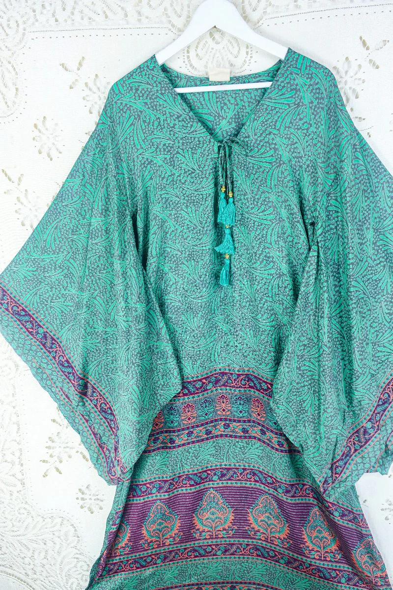 Cassandra Maxi Kaftan - Jade, Coral & Mauve Tile Print - Vintage Sari - Size S/M - Image 2