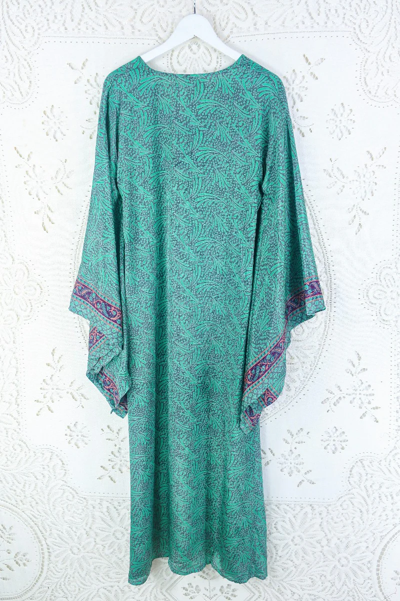 Cassandra Maxi Kaftan - Jade, Coral & Mauve Tile Print - Vintage Sari - Size S/M - Image 4
