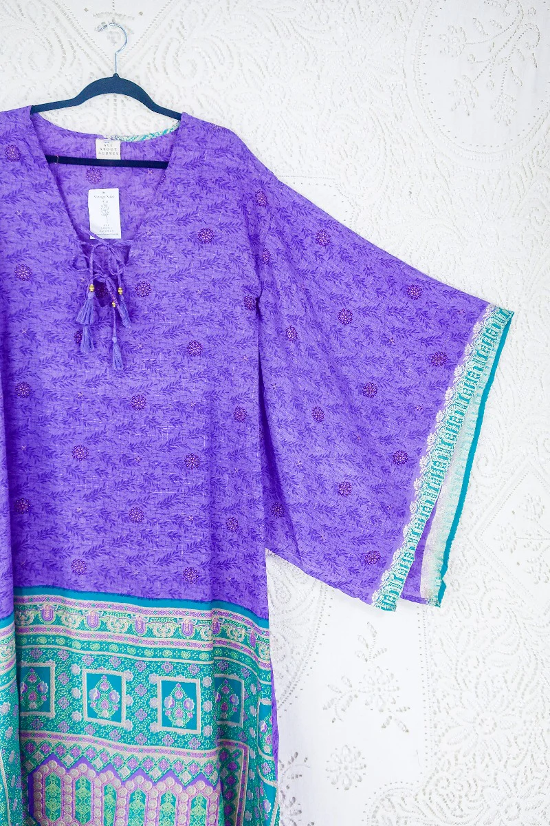 Cassandra Maxi Kaftan - Violet & Jade Green Ornamental - Vintage Sari - Size M/L - Image 3