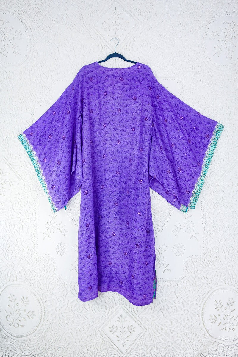 Cassandra Maxi Kaftan - Violet & Jade Green Ornamental - Vintage Sari - Size M/L - Image 4