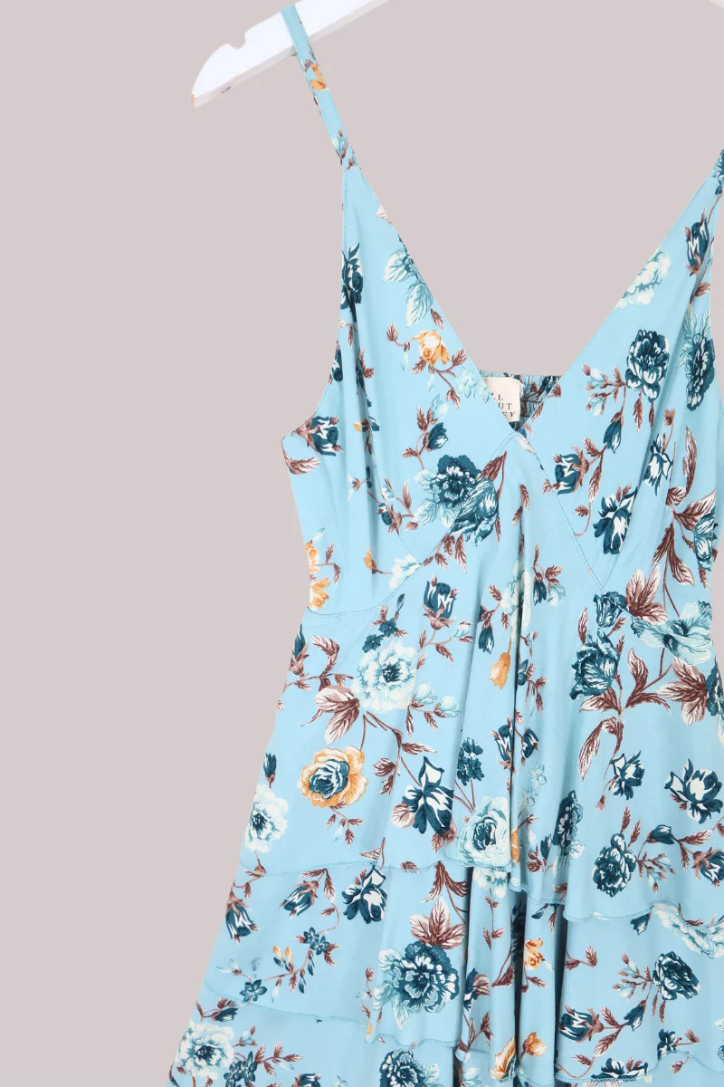 Celeste Babydoll Mini Dress in Breeze Blue Roses - Image 2