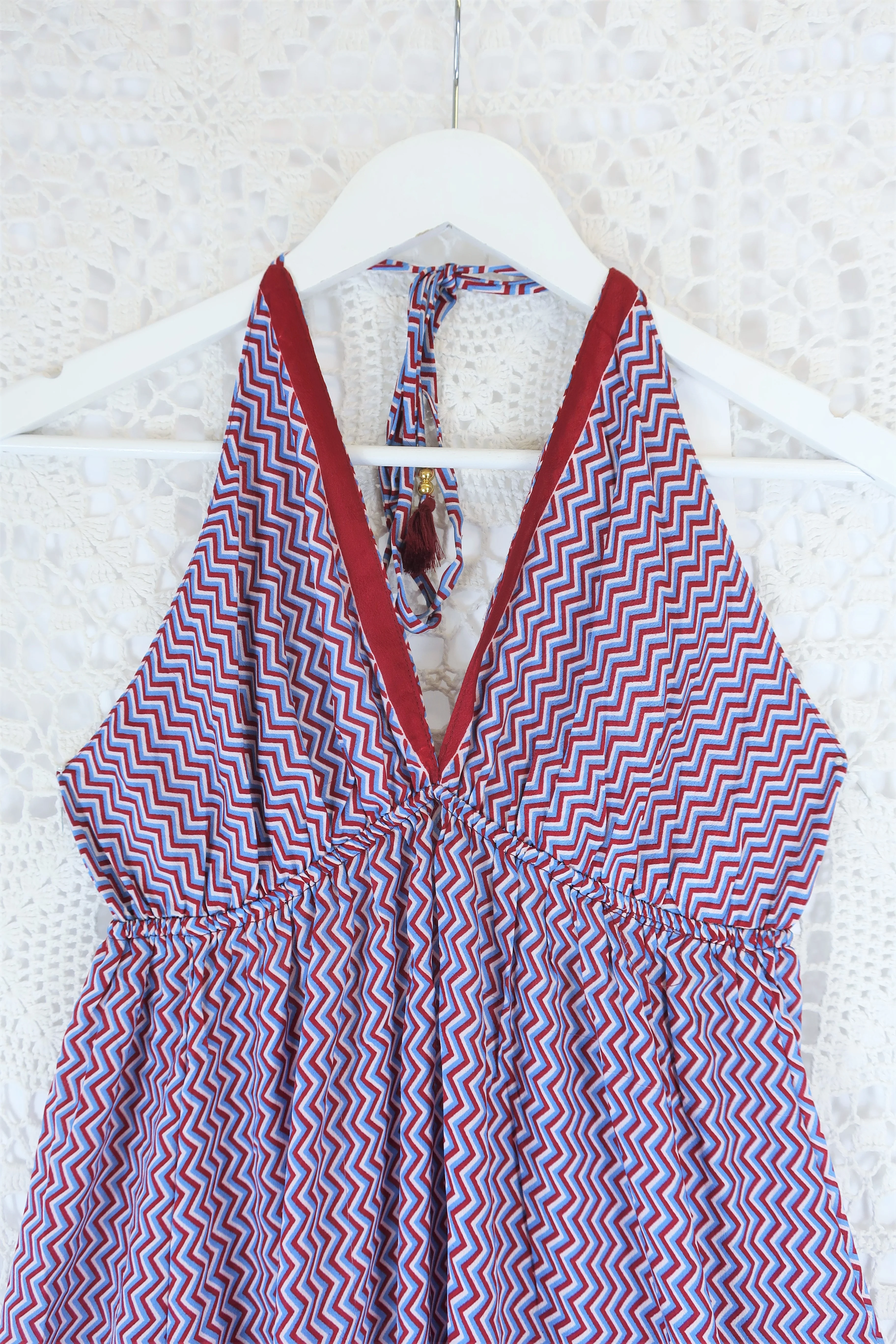 Cherry Mini Halter Dress - Red & Blue Zig-Zag Vintage Sari (Free Size) - Image 2