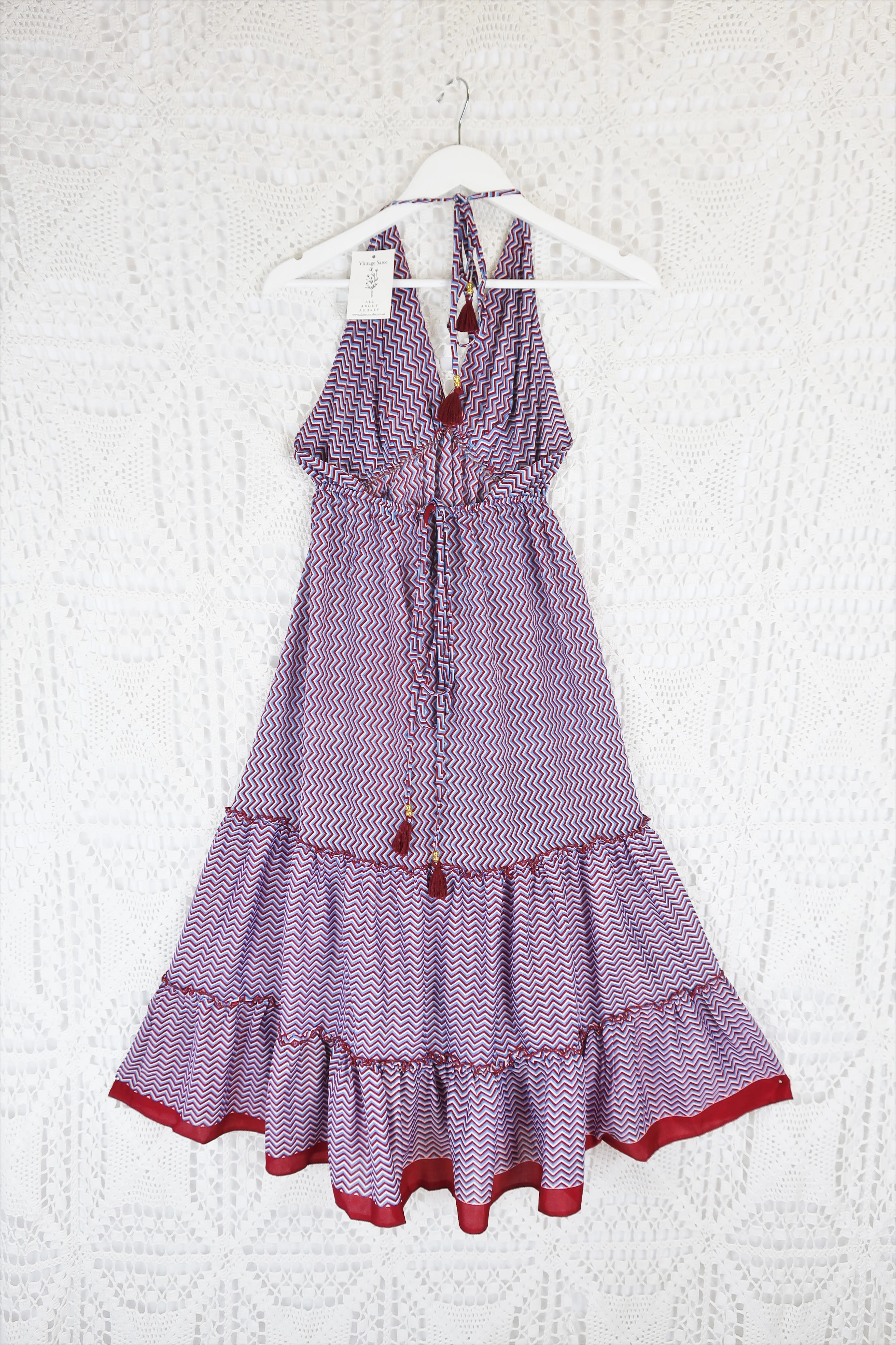 Cherry Mini Halter Dress - Red & Blue Zig-Zag Vintage Sari (Free Size) - Image 3
