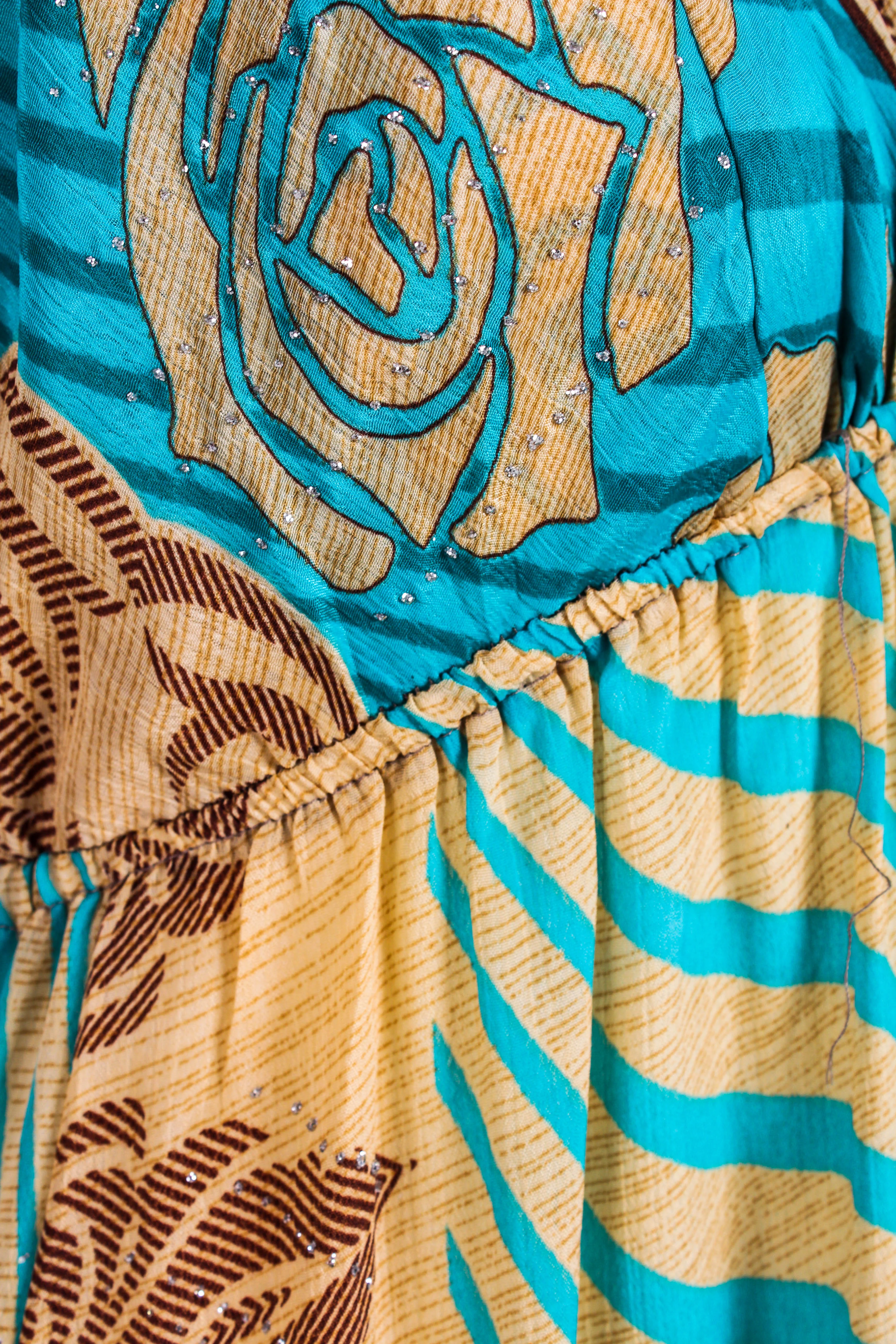 Cherry Mini Halter Dress - Sheer Turquoise & Gold Vintage Sari (Free Size) - Image 4