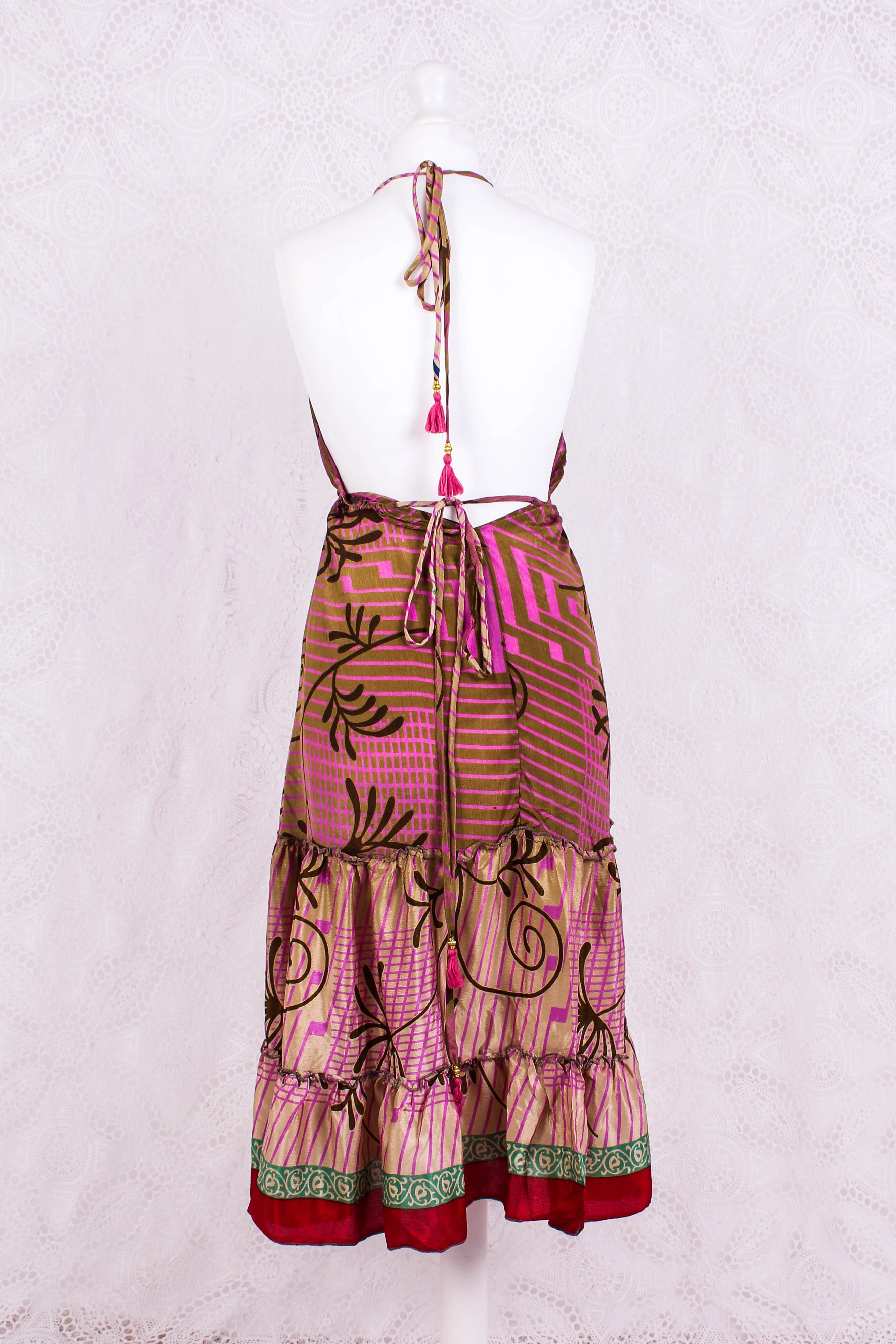 Cherry Mini Halter Dress - Sheer Peanut & Mauve Floral Vintage Sari (Free Size) - Image 3