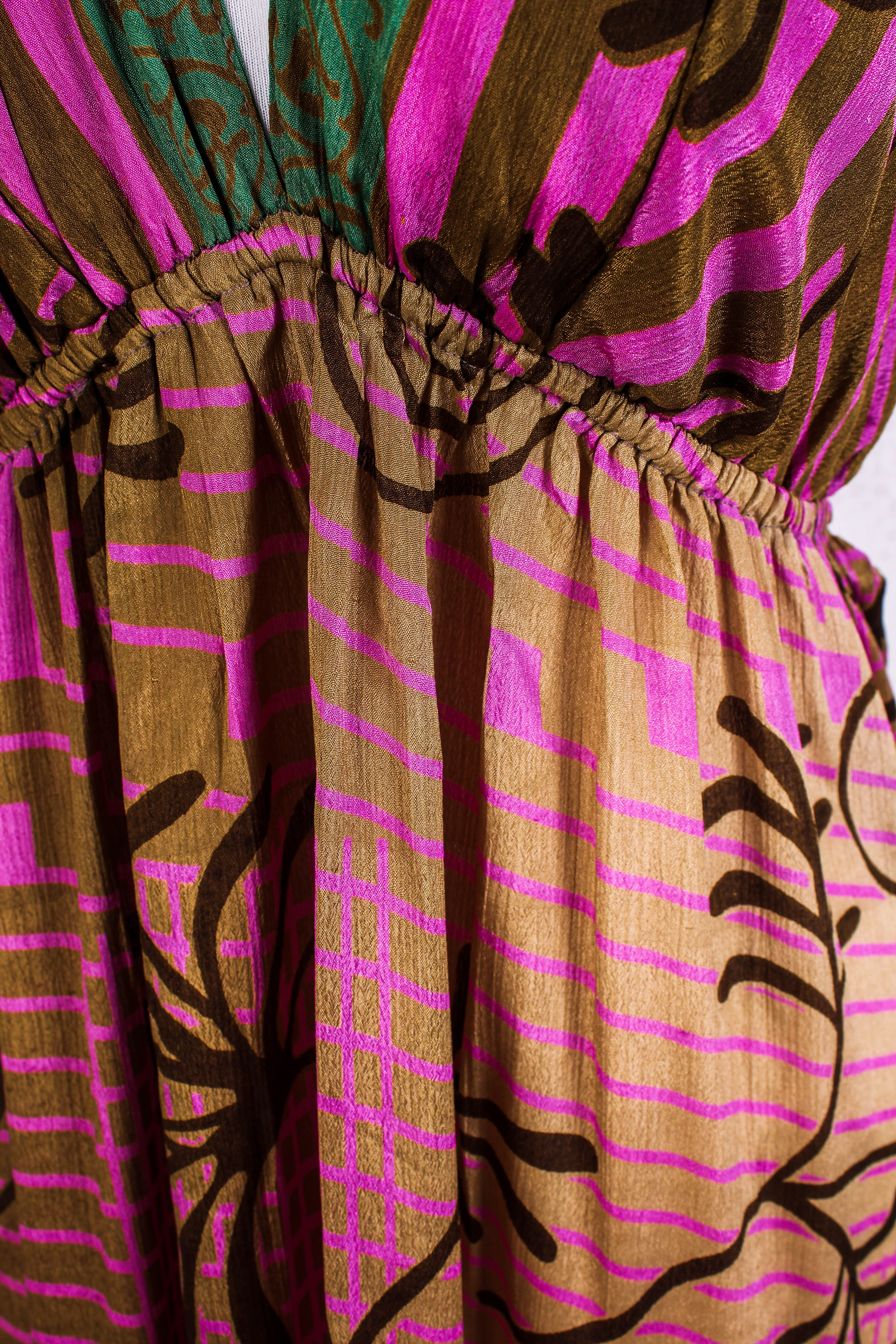 Cherry Mini Halter Dress - Sheer Peanut & Mauve Floral Vintage Sari (Free Size) - Image 4