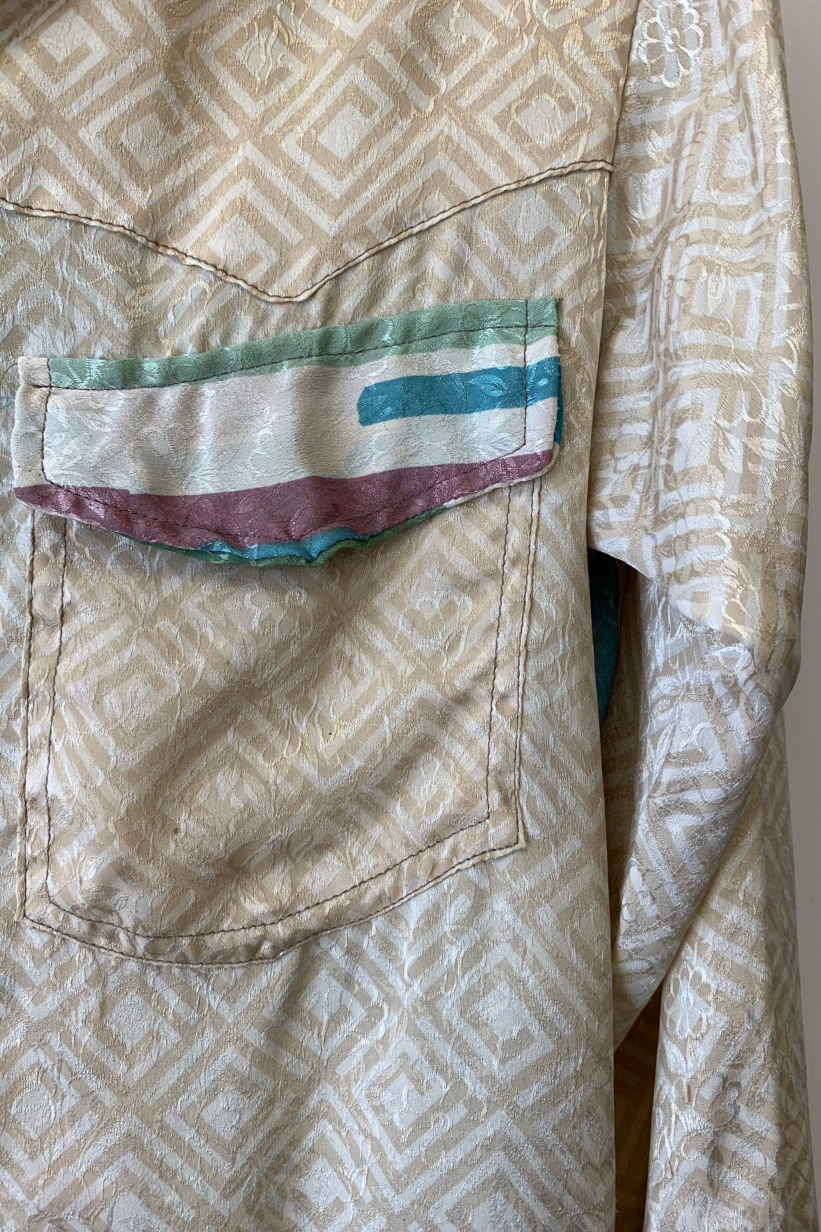 Clyde Shirt - Barley Peach & Sage Brushstroke Floral - Vintage Indian Sari - S/M - Image 4