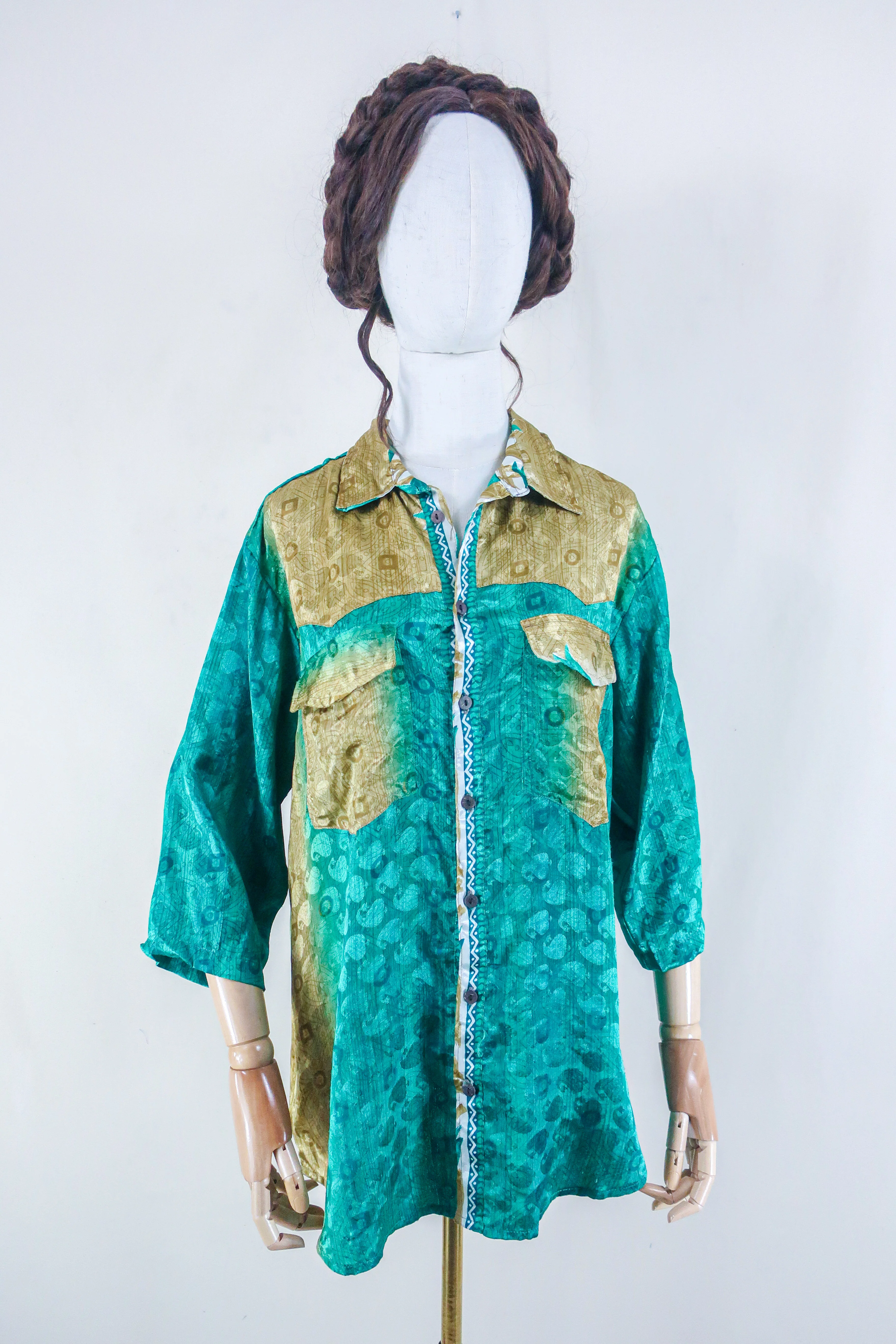 Clyde Shirt - Deep Jade & Gold Tile - Vintage Indian Sari - Free Size XL
