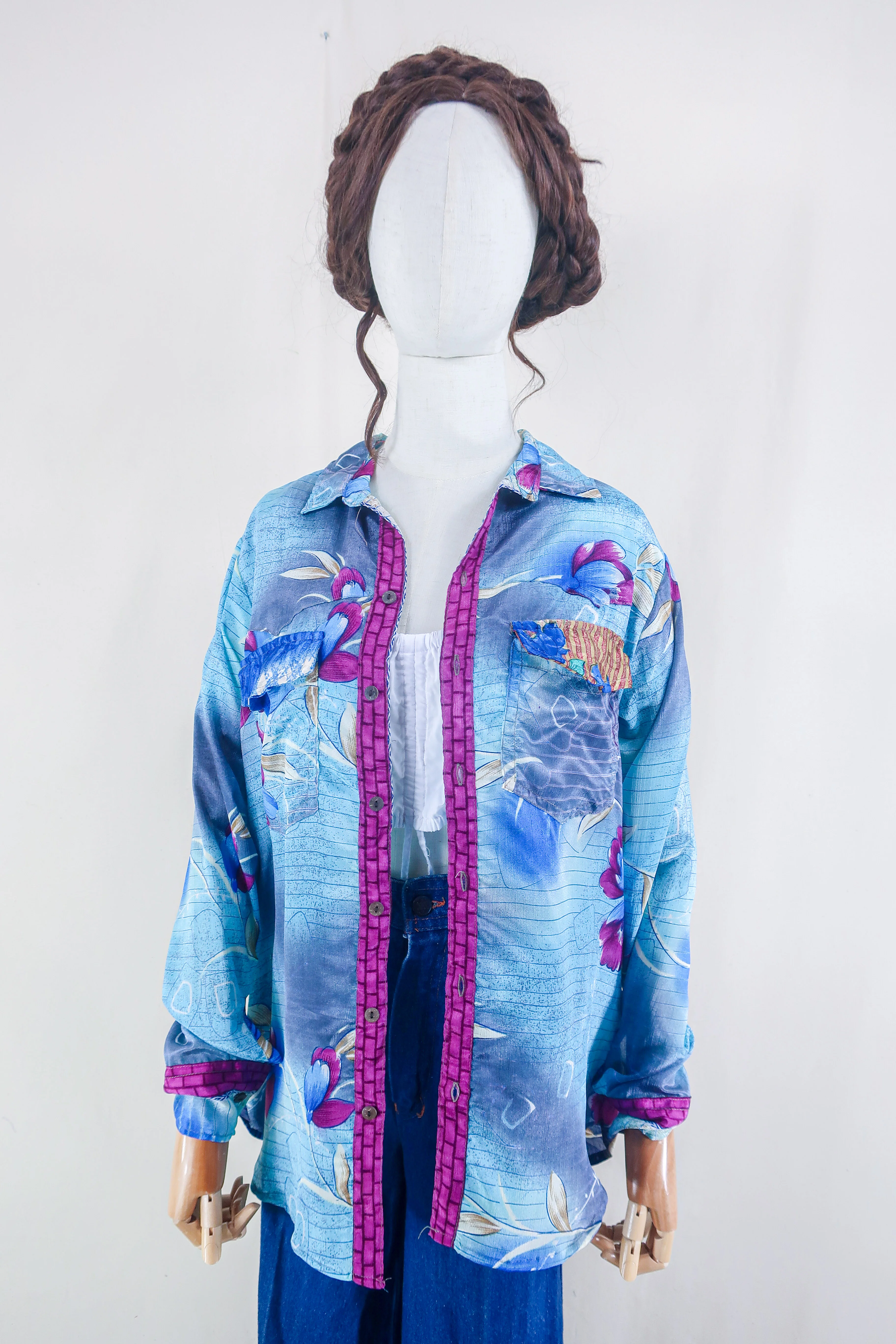 Clyde Shirt - Ocean Blue Swirls - Vintage Indian Sari - Free Size M/L - Image 2