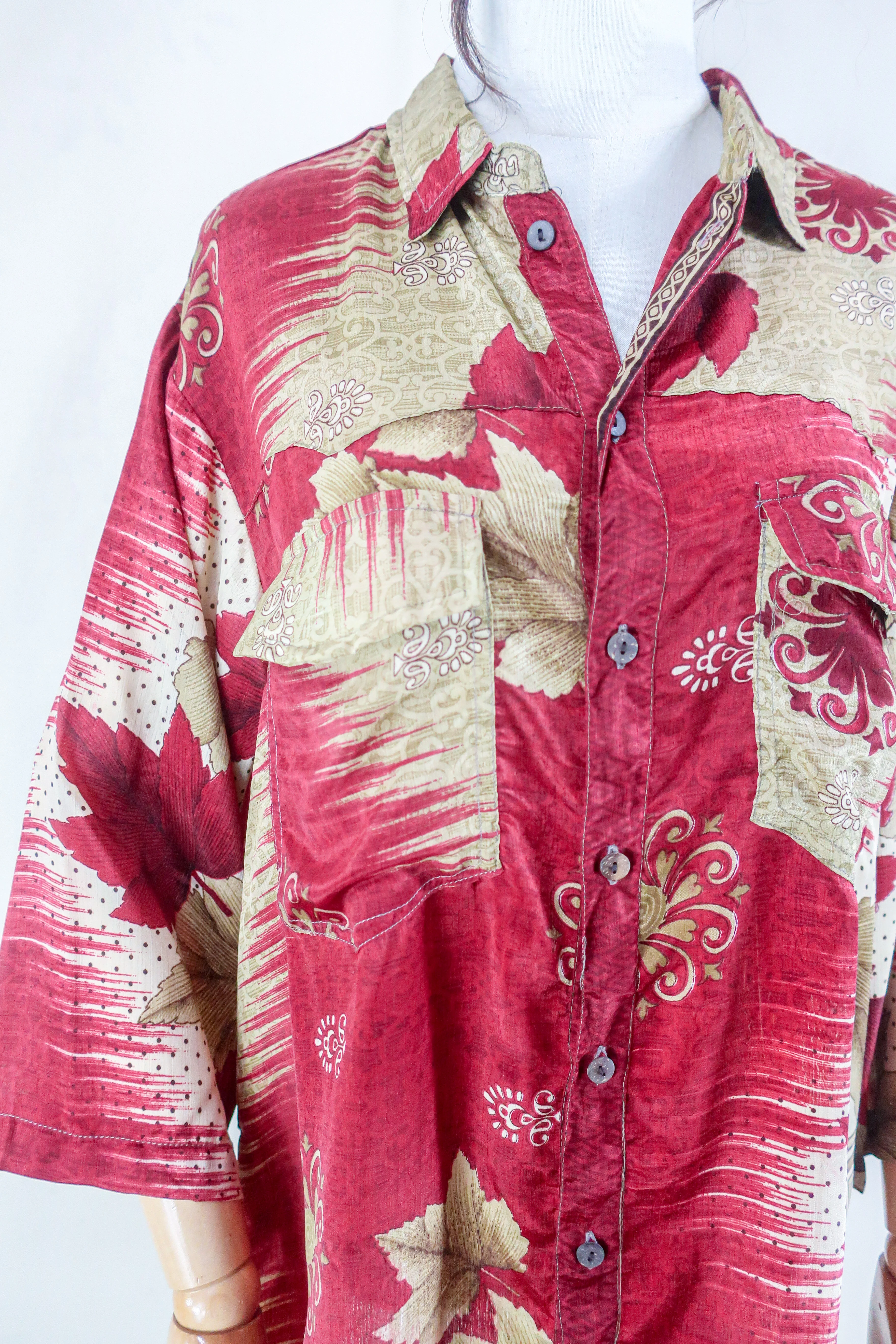 Clyde Shirt - Vintage Indian Sari - Ruby Maple Leaves - Free Size XL - Image 2