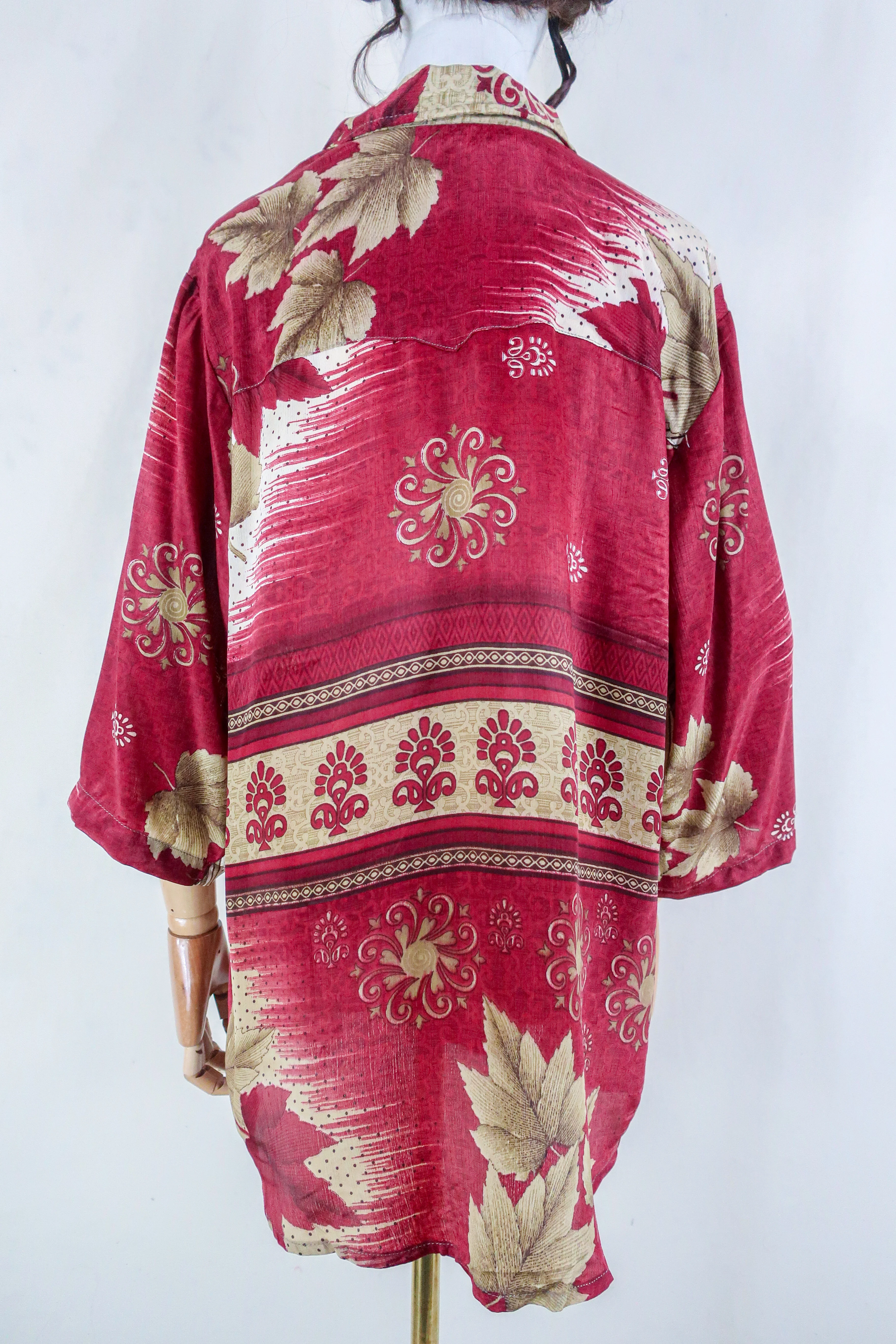 Clyde Shirt - Vintage Indian Sari - Ruby Maple Leaves - Free Size XL - Image 3