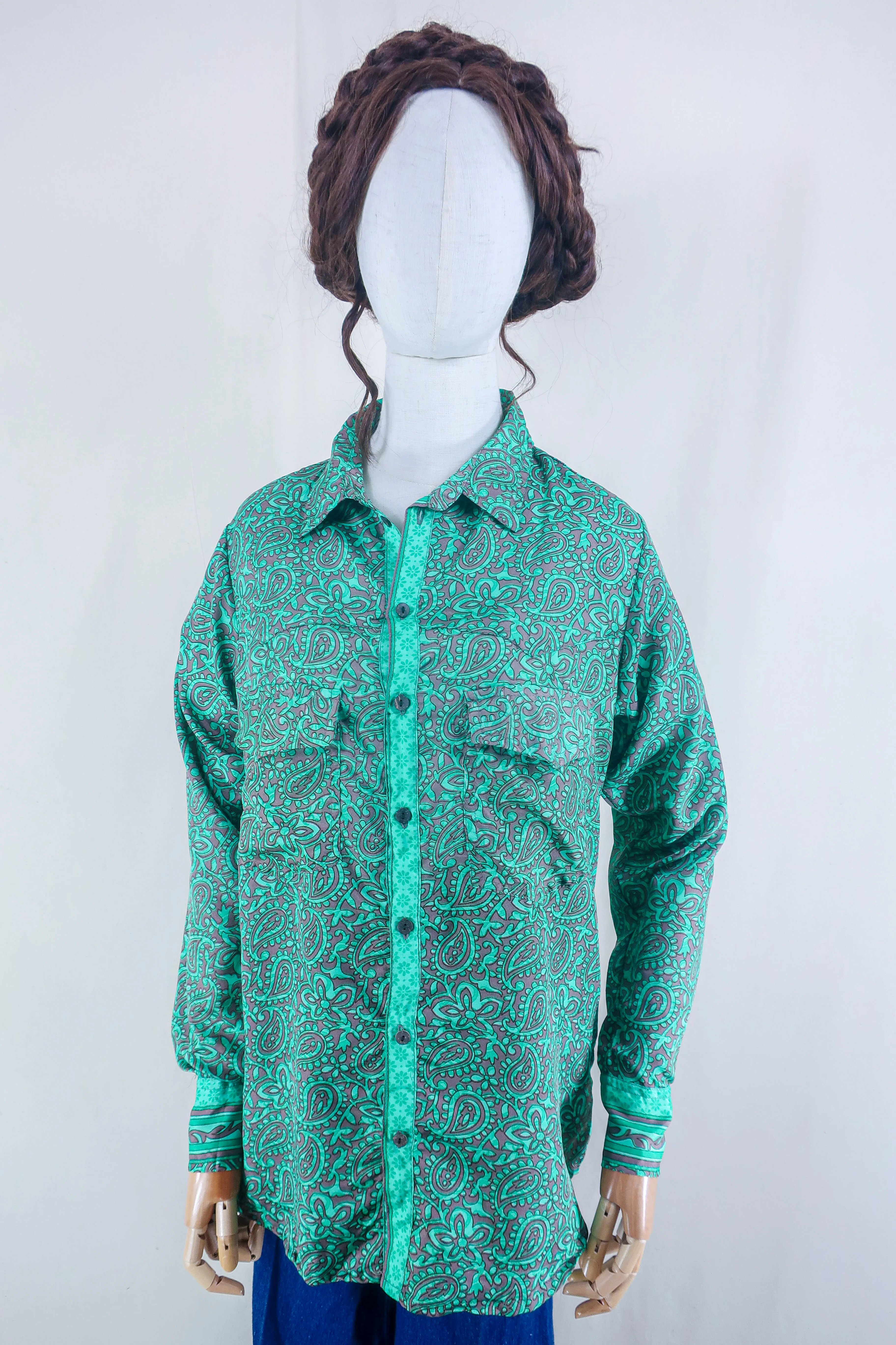 Clyde Shirt - Turquoise & Taupe Paisley - Vintage Indian Sari - Free Size M/L - Image 2
