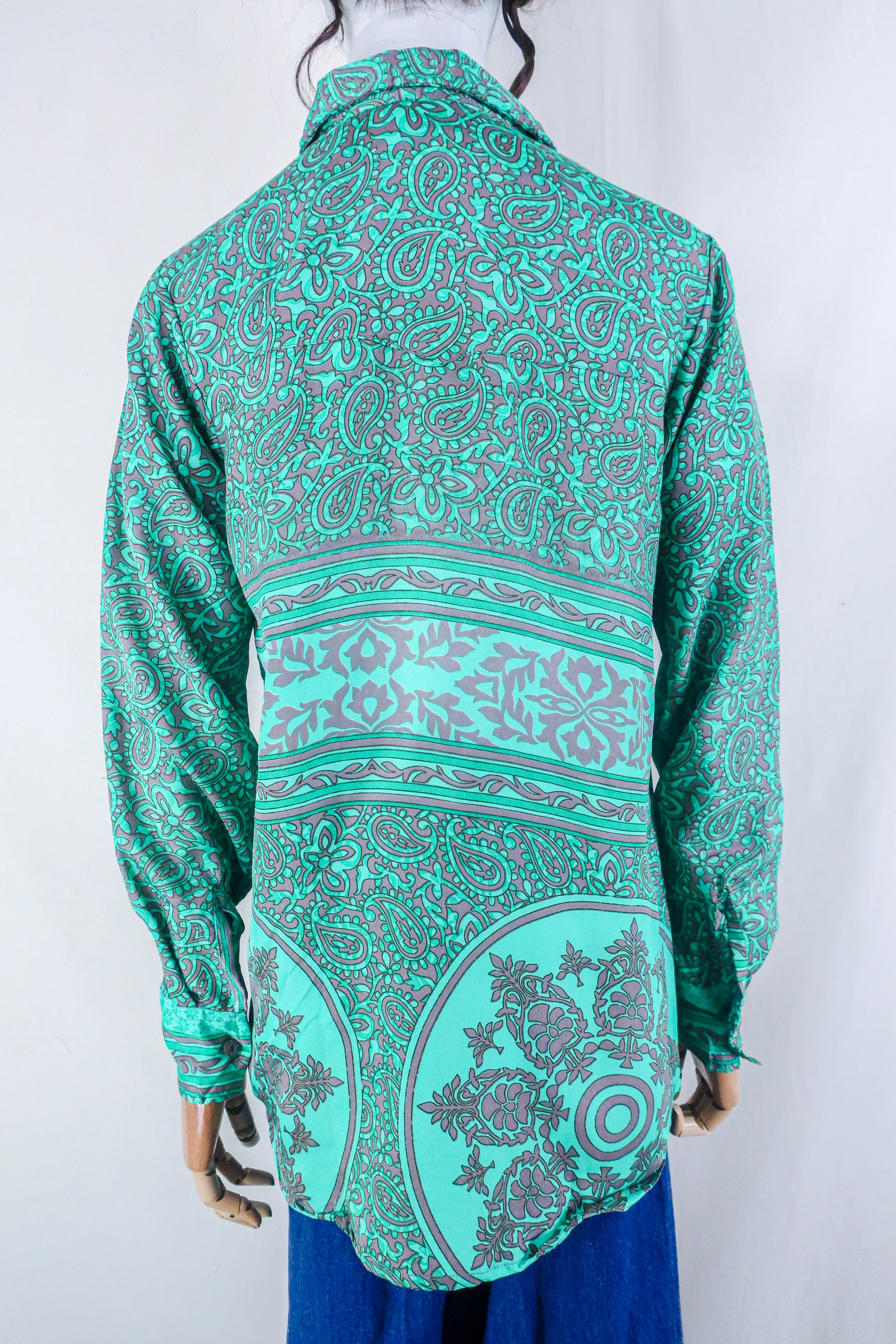 Clyde Shirt - Turquoise & Taupe Paisley - Vintage Indian Sari - Free Size M/L - Image 3