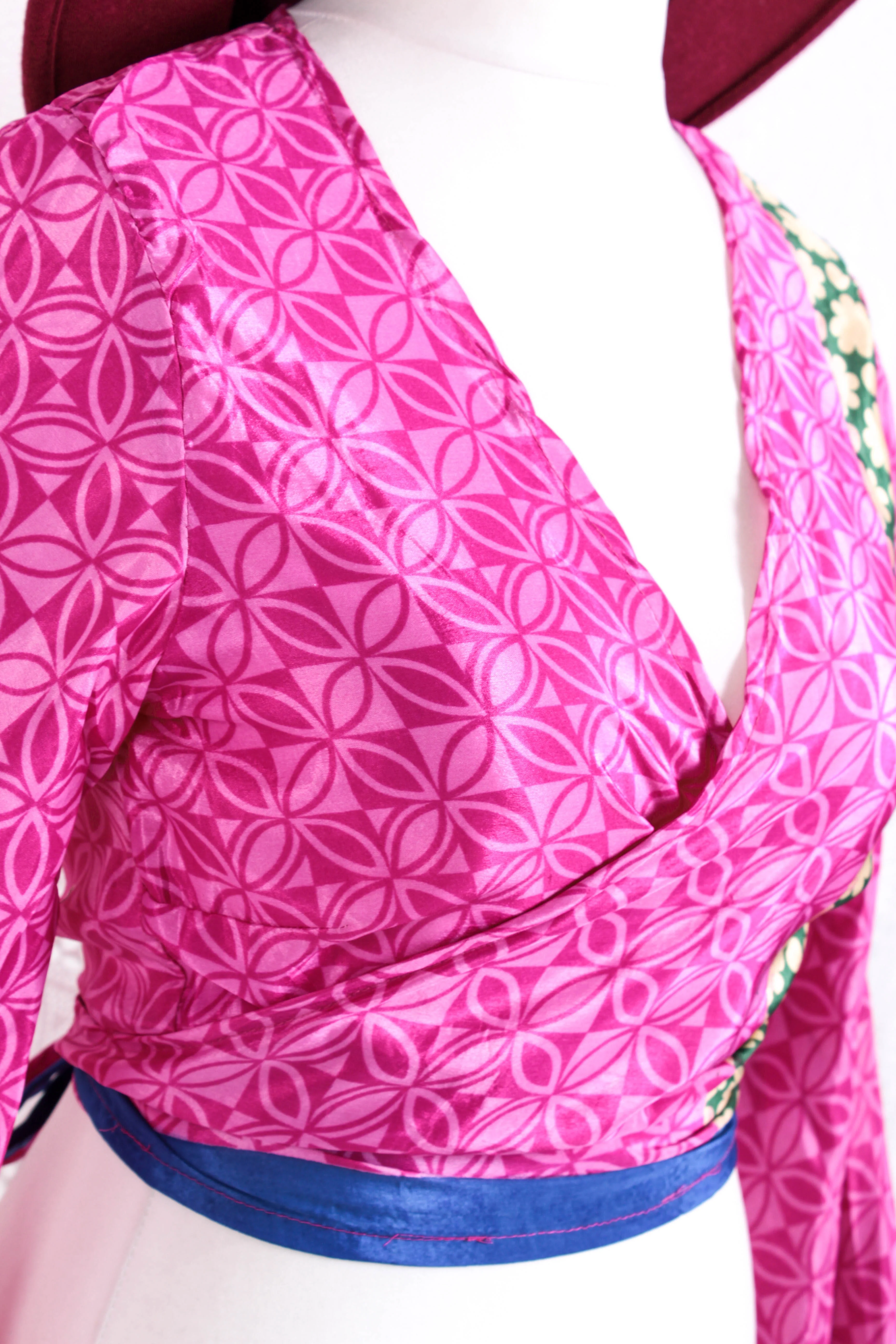 Gemini Wrap Top -  Vintage Indian Sari - Magenta Geometric Circles - S/M - Image 3