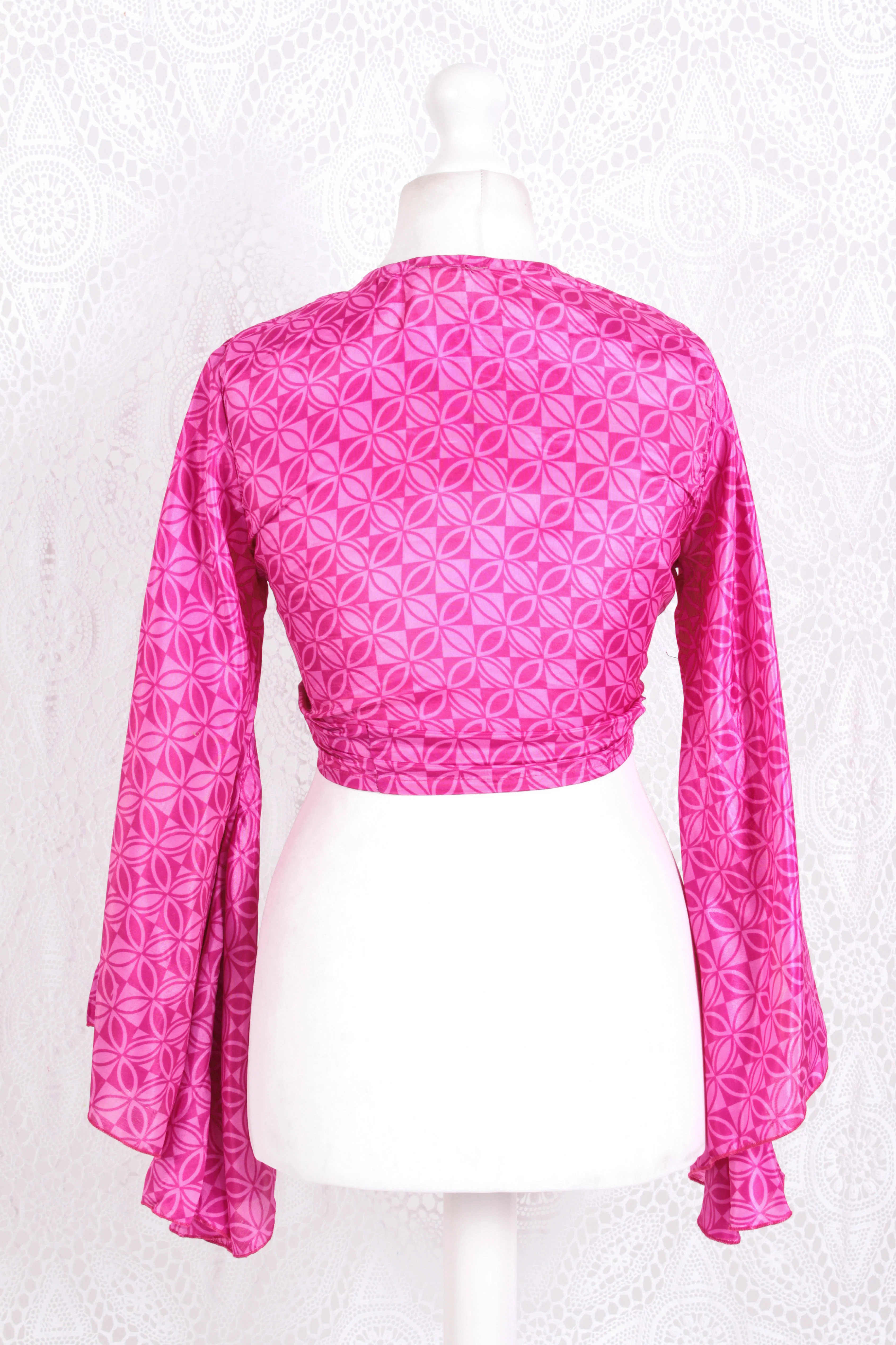 Gemini Wrap Top -  Vintage Indian Sari - Magenta Geometric Circles - S/M - Image 4