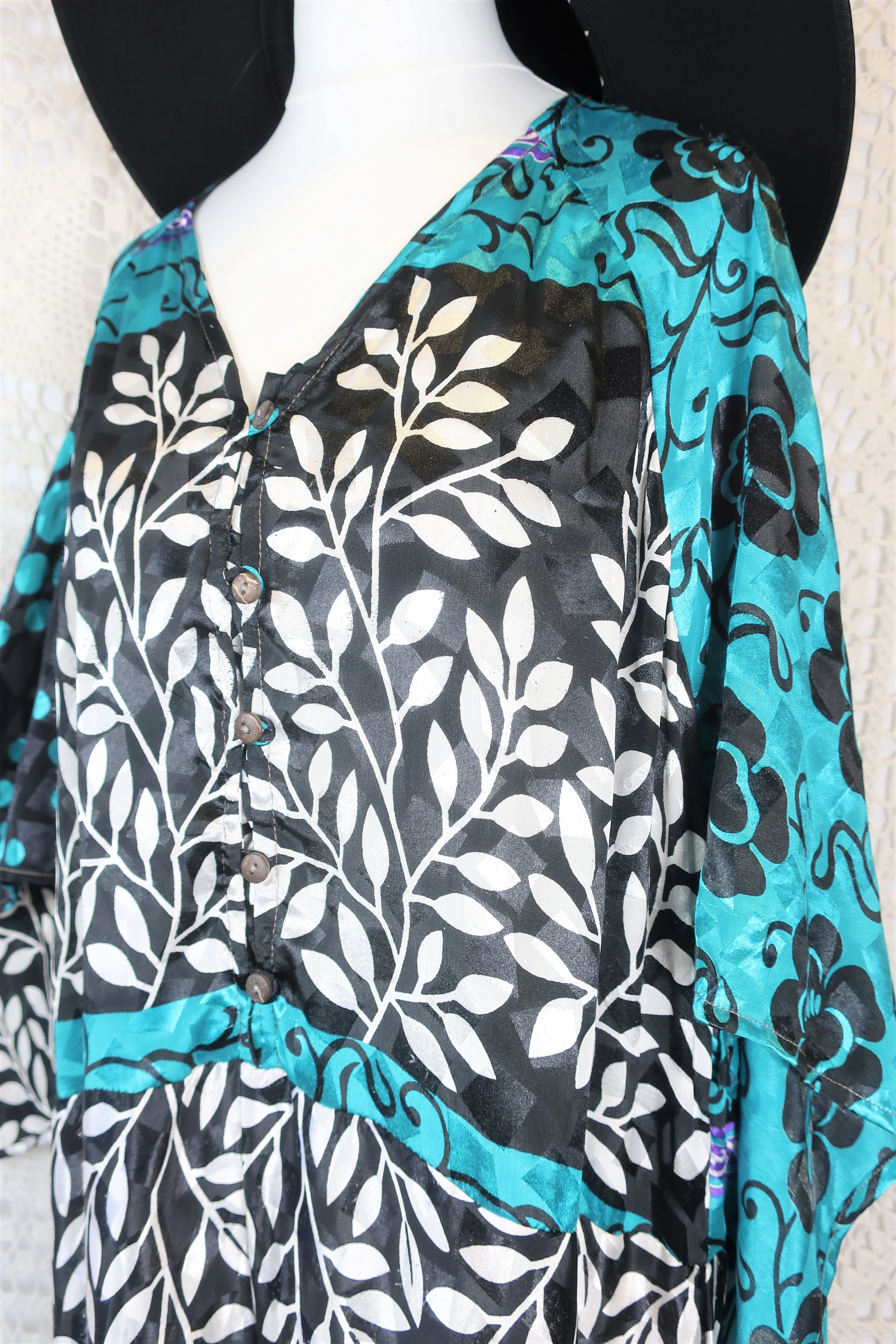 Goddess Jumpsuit - Vintage Indian Sari - Turquoise, White & Charcoal Botanica - XS - Image 3