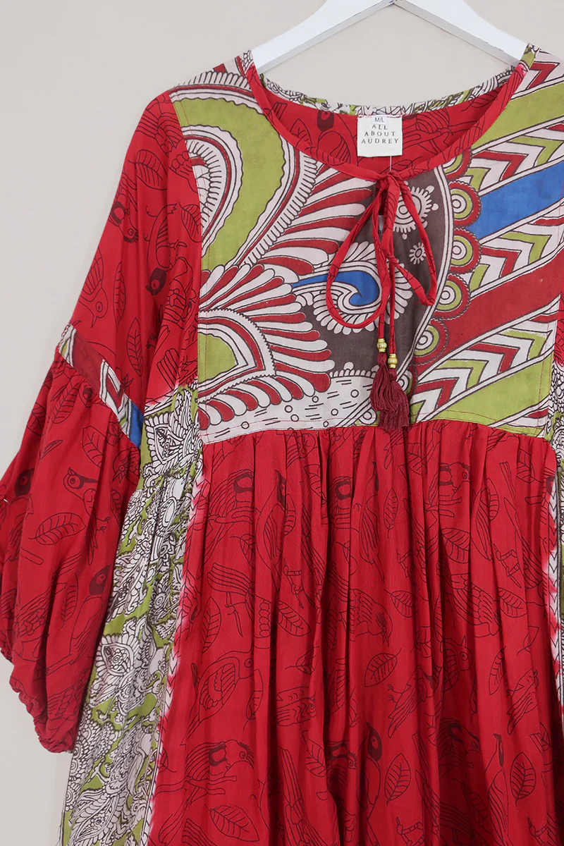 Daisy Maxi Smock Dress - Apple Red Bird Sanctuary - Vintage Cotton - Size M/L - Image 2