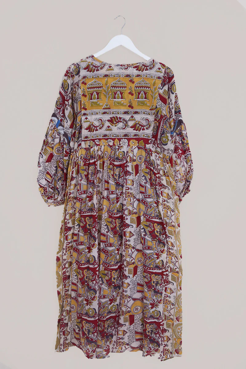 Daisy Maxi Smock Dress - Autumn Red & Yellow Slice of Life - Vintage Cotton - Size M/L - Image 3