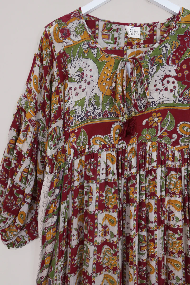 Daisy Maxi Smock Dress - Carmine Red Regal Tiles - Vintage Cotton - Size M/L - Image 2