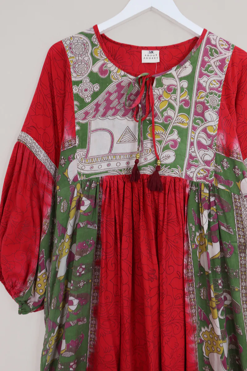 Daisy Maxi Smock Dress - Poppy Red & Green - Vintage Cotton - Size S/M - Image 2