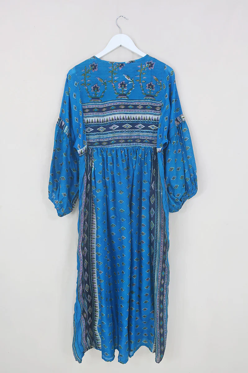 Daisy Maxi Smock Dress - Crystal Blue Diamond Print - Vintage Indian Cotton - Size XS - Image 3