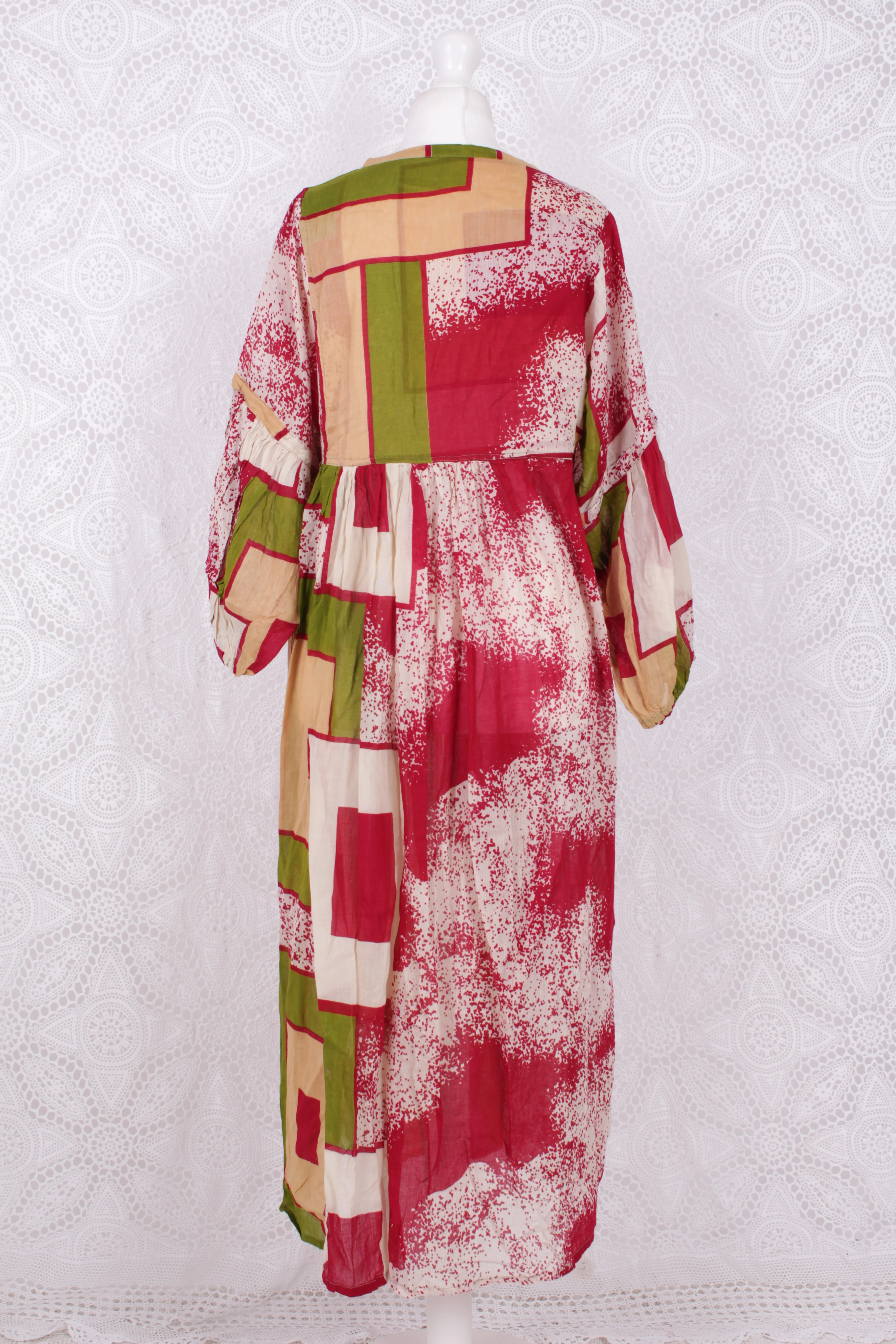 Daisy Midi Smock Dress - Vintage Indian Cotton - Cream, Red & Green Abstract - M/L - Image 4