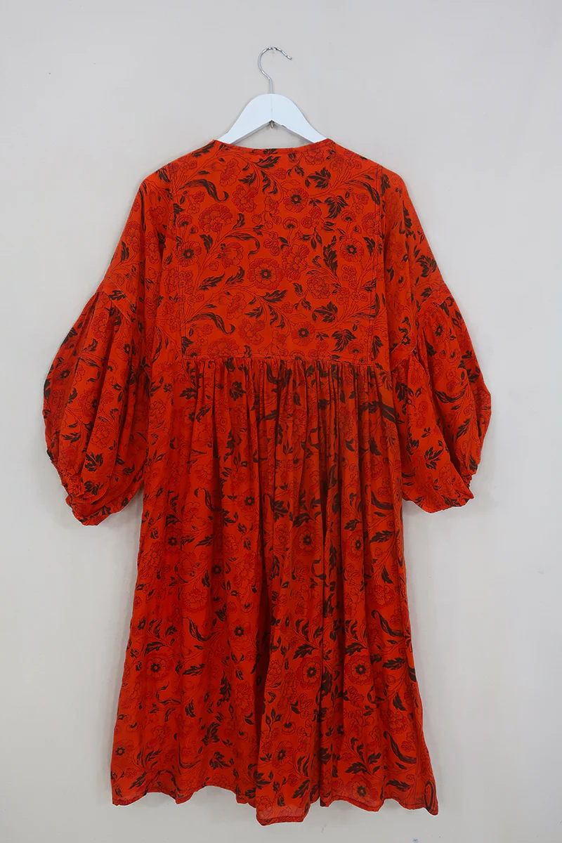 Daisy Midi Smock Dress - Marmalade & Jade Marigold Block Print - Vintage Indian Cotton - Size XS - Image 3