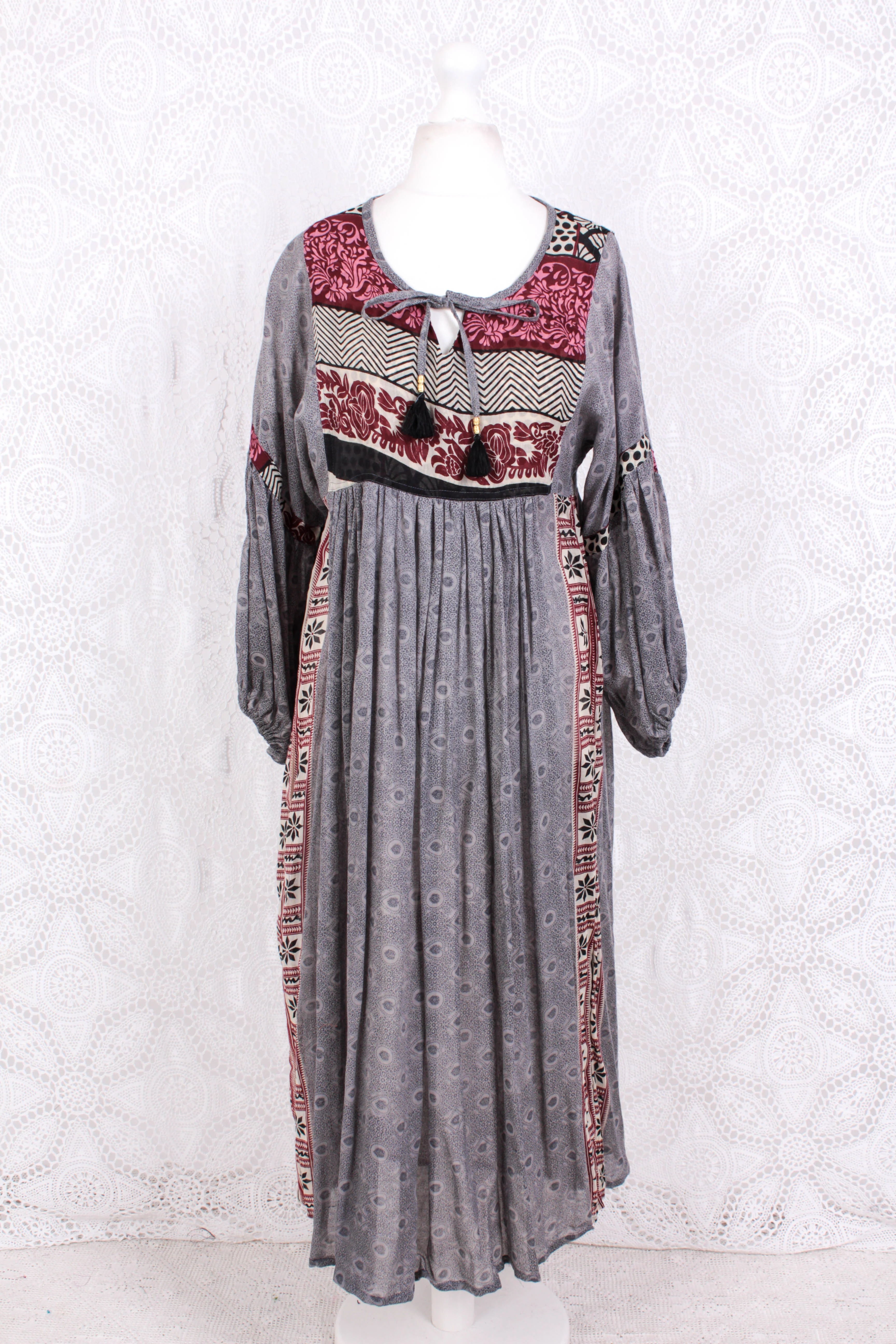 Daisy Midi Smock Dress - Vintage Indian Cotton - Moonlight Grey Victorian Tiles - XS - Image 2