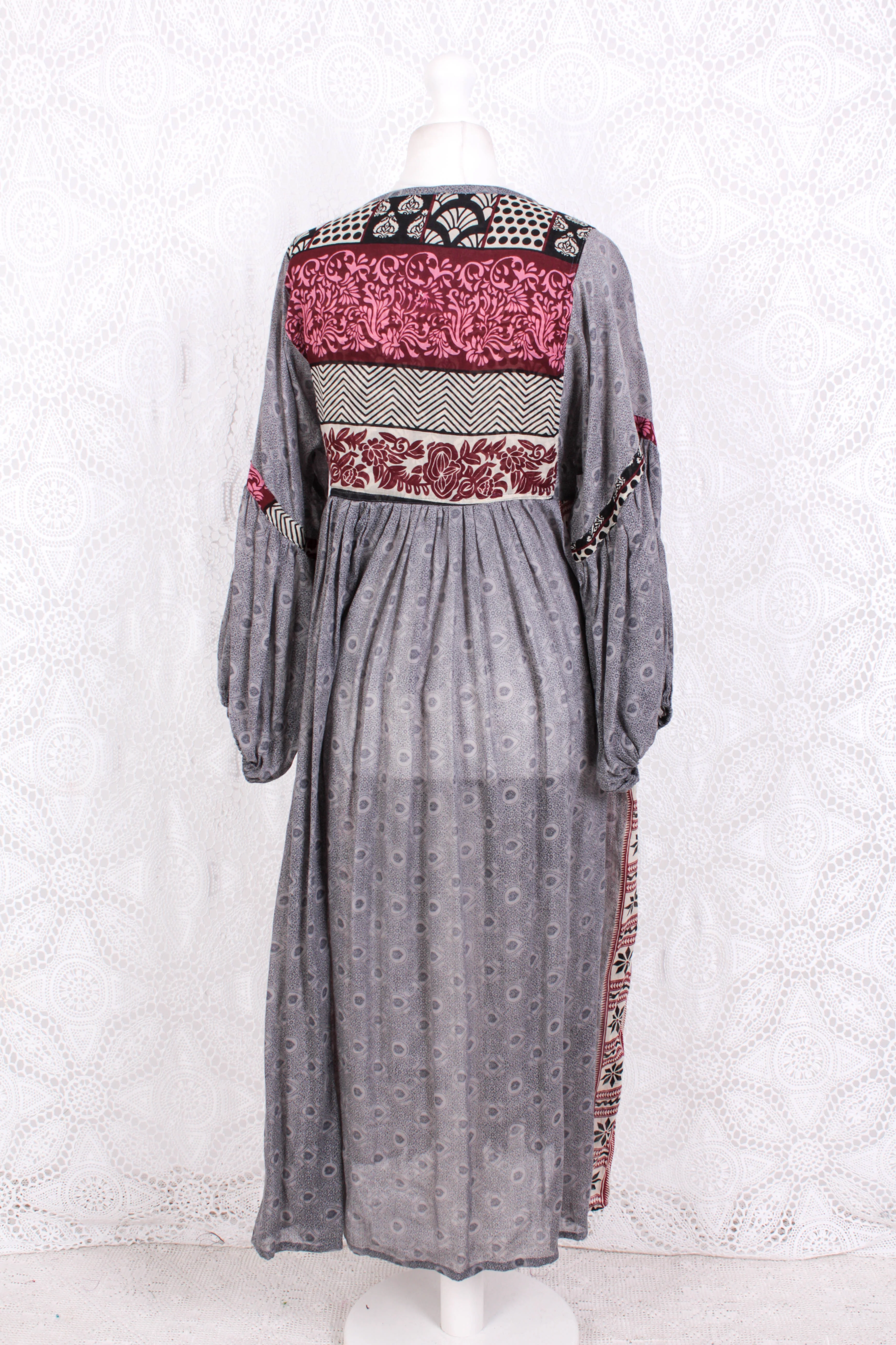 Daisy Midi Smock Dress - Vintage Indian Cotton - Moonlight Grey Victorian Tiles - XS - Image 4