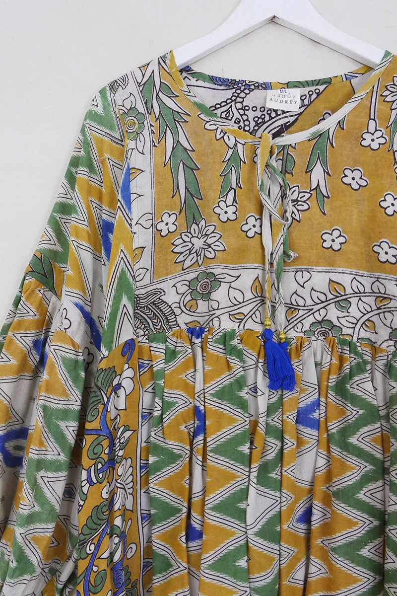 Daisy Smock Top - Mustard & Jungle Green Ikat - Vintage Cotton - Size M/L - Image 2