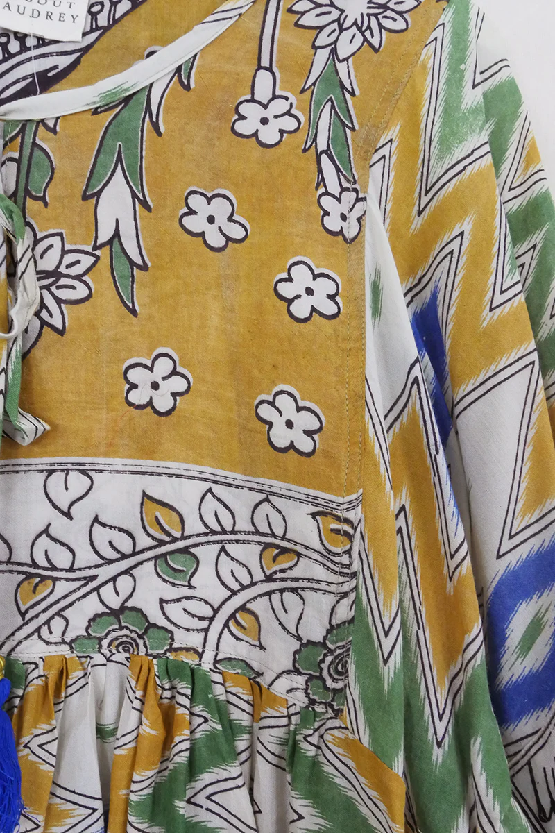Daisy Smock Top - Mustard & Jungle Green Ikat - Vintage Cotton - Size M/L - Image 3