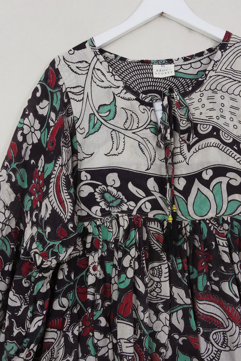 Daisy Smock Top - Umber & Aqua Floral Peacocks - Vintage Cotton - Size M/L - Image 2