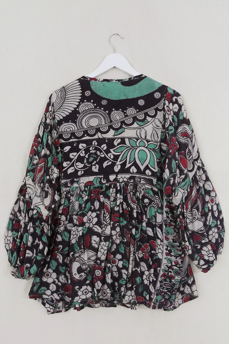 Daisy Smock Top - Umber & Aqua Floral Peacocks - Vintage Cotton - Size M/L - Image 3