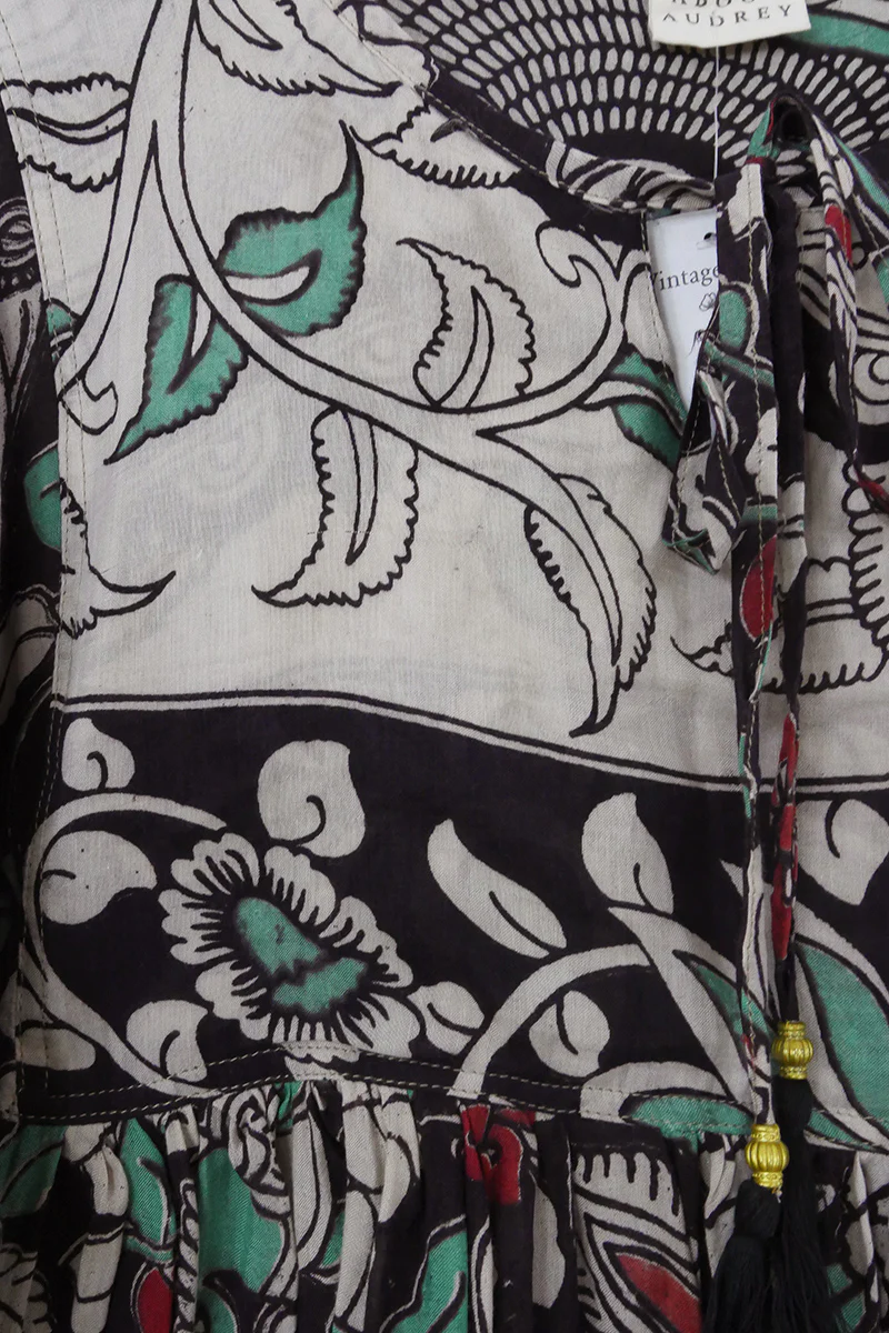 Daisy Smock Top - Umber & Aqua Floral Peacocks - Vintage Cotton - Size M/L - Image 4