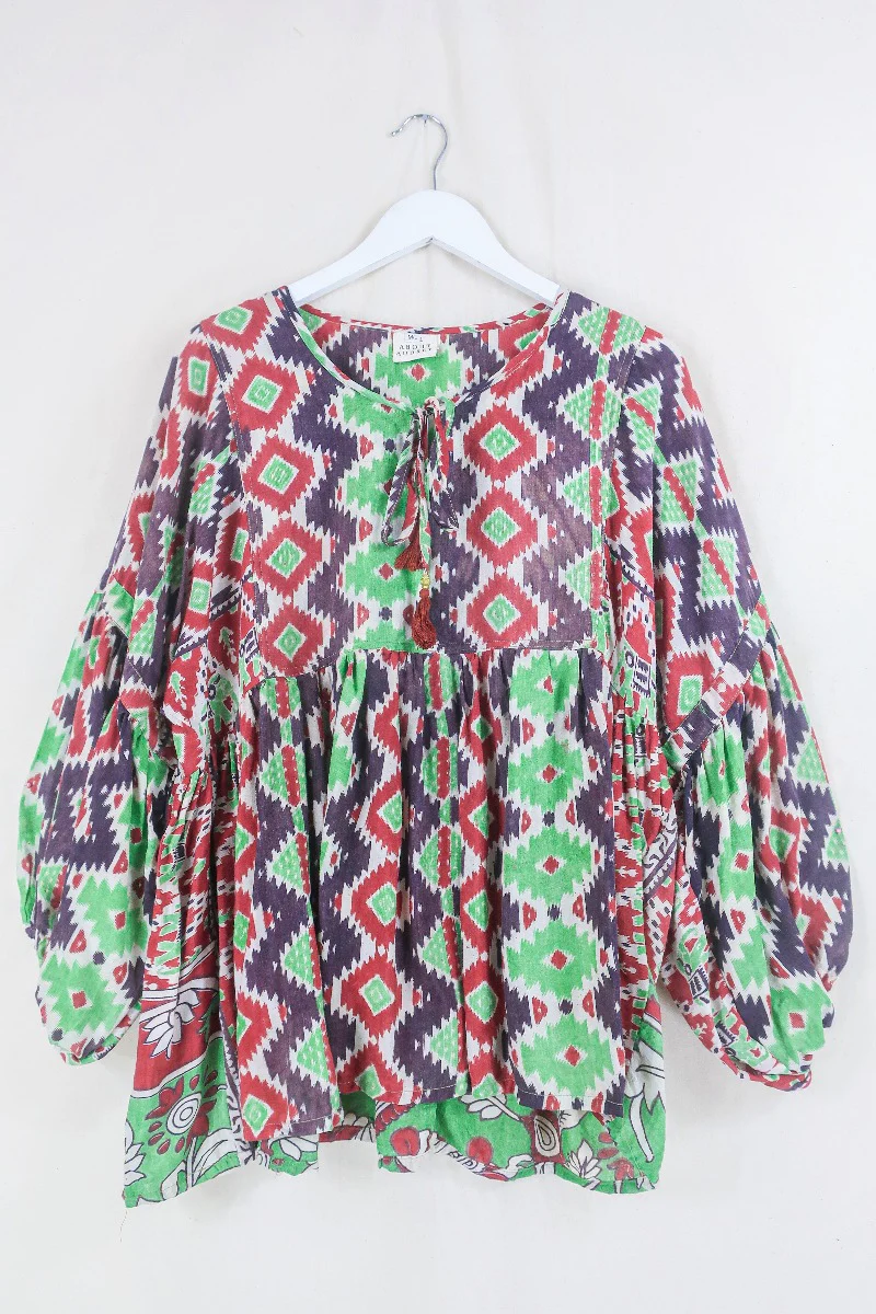 Daisy Smock Top - Mint and Chocolate Chip Kilim  - Vintage Indian Cotton - Size M/L