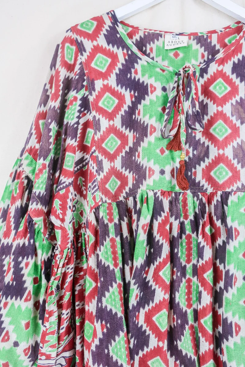 Daisy Smock Top - Mint and Chocolate Chip Kilim  - Vintage Indian Cotton - Size M/L - Image 2
