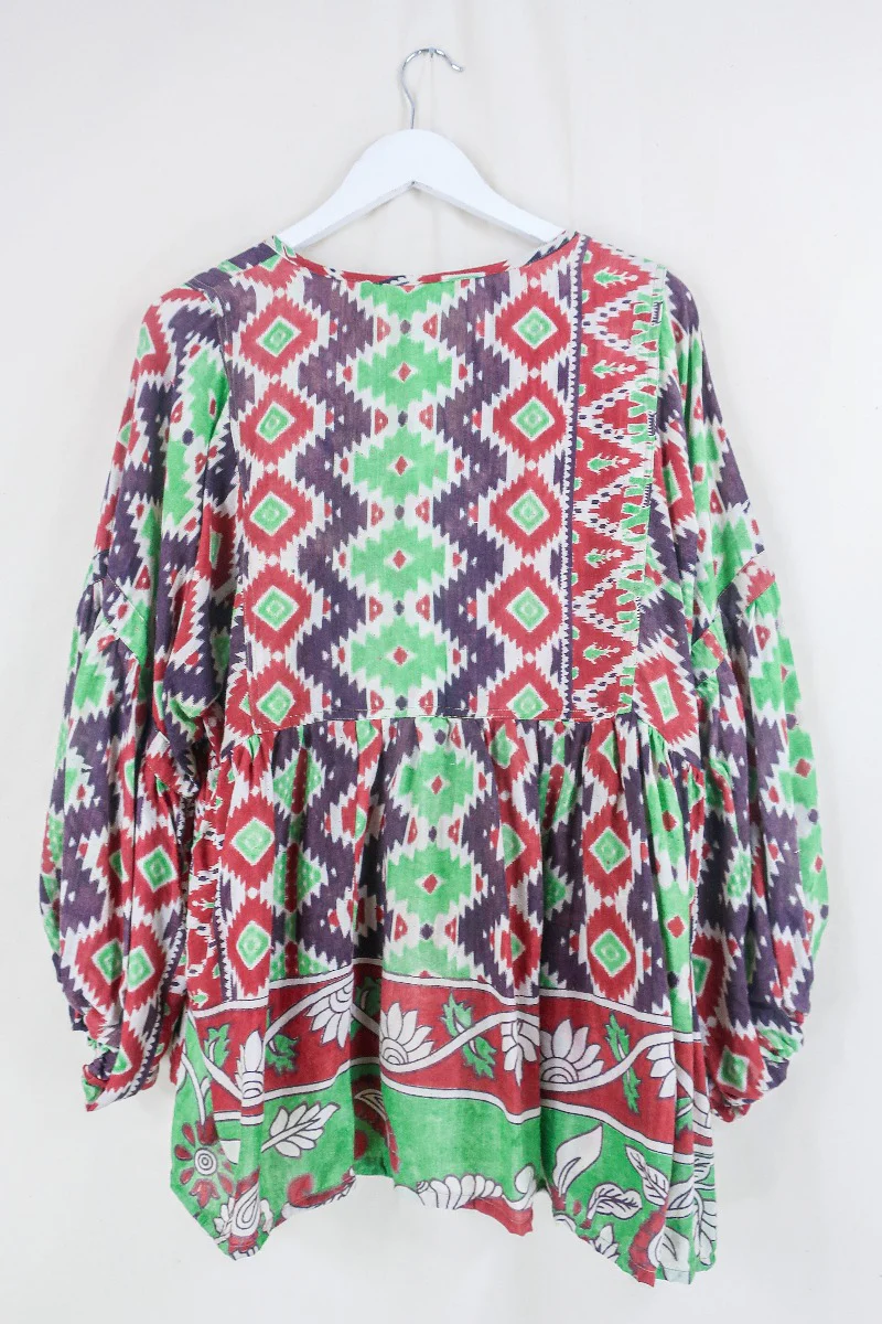 Daisy Smock Top - Mint and Chocolate Chip Kilim  - Vintage Indian Cotton - Size M/L - Image 3