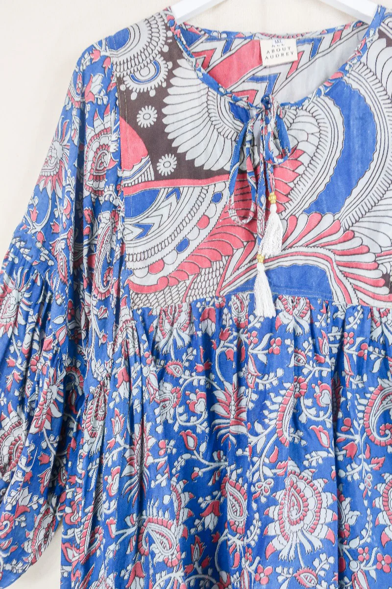 Daisy Smock Top - Lapis and Raspberry Gardenia  - Vintage Indian Cotton - Size M/L - Image 2