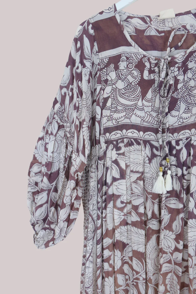 Daisy Vintage Cotton Maxi Dress - Pecan Brown & White Peacocks - Size M/L - Image 2