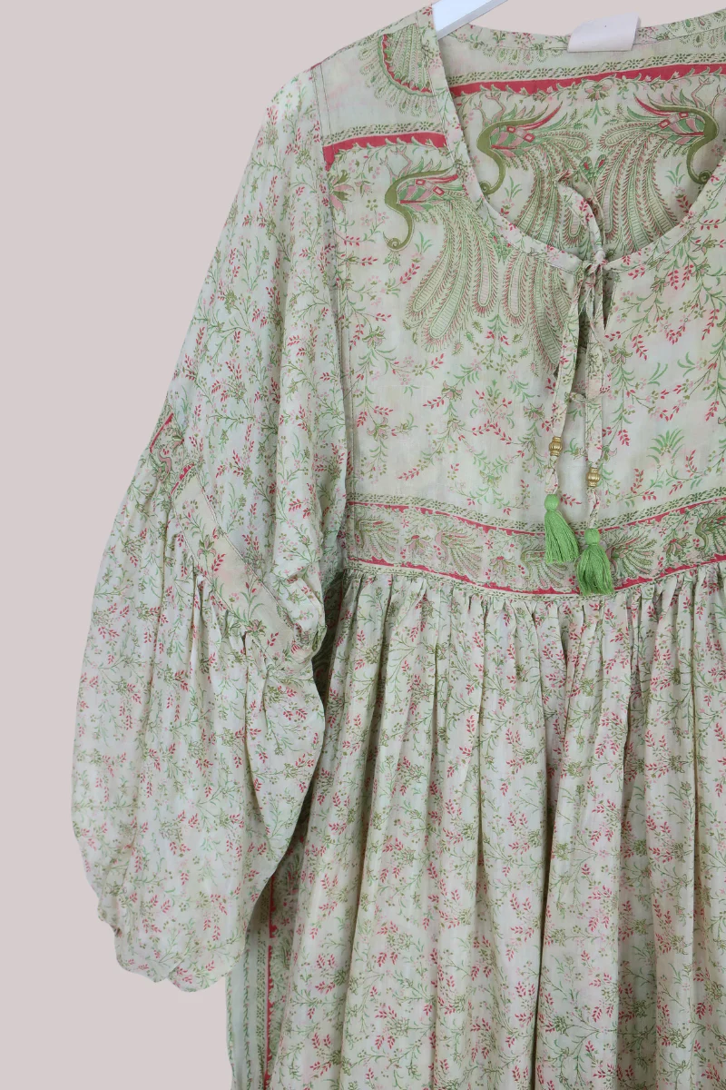 Daisy Vintage Cotton Maxi Dress - Pistachio Green Peacock Garden - Size XS - Image 2