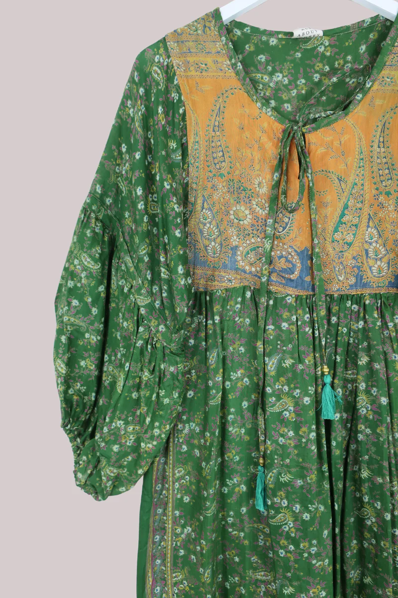 Daisy Vintage Cotton Midi Dress in Rolling Hills Green & Gold- Size S/M - Image 2