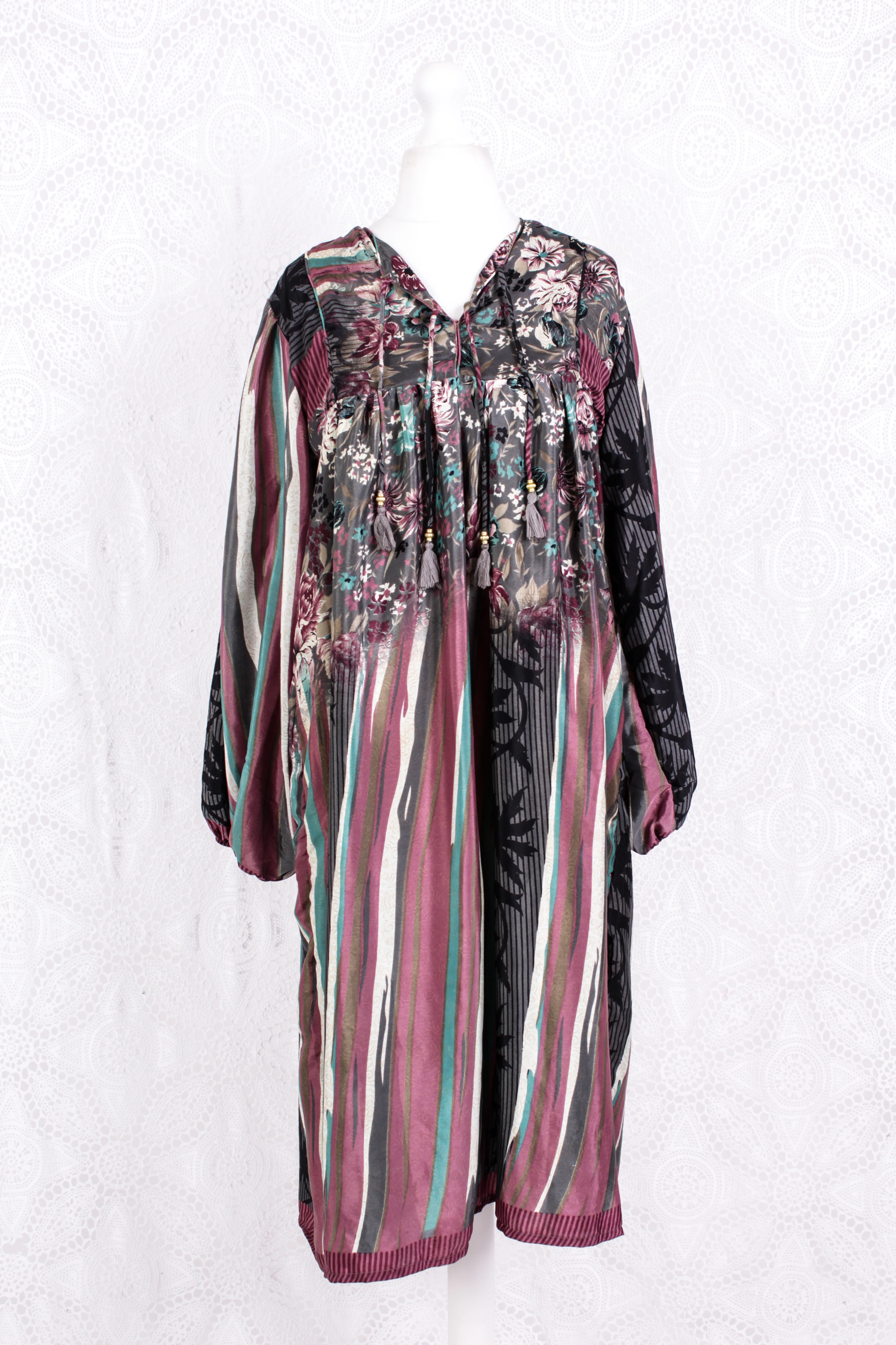 Daphne Smock Dress - Vintage Indian Sari - Painted Floral - M/L - Image 3