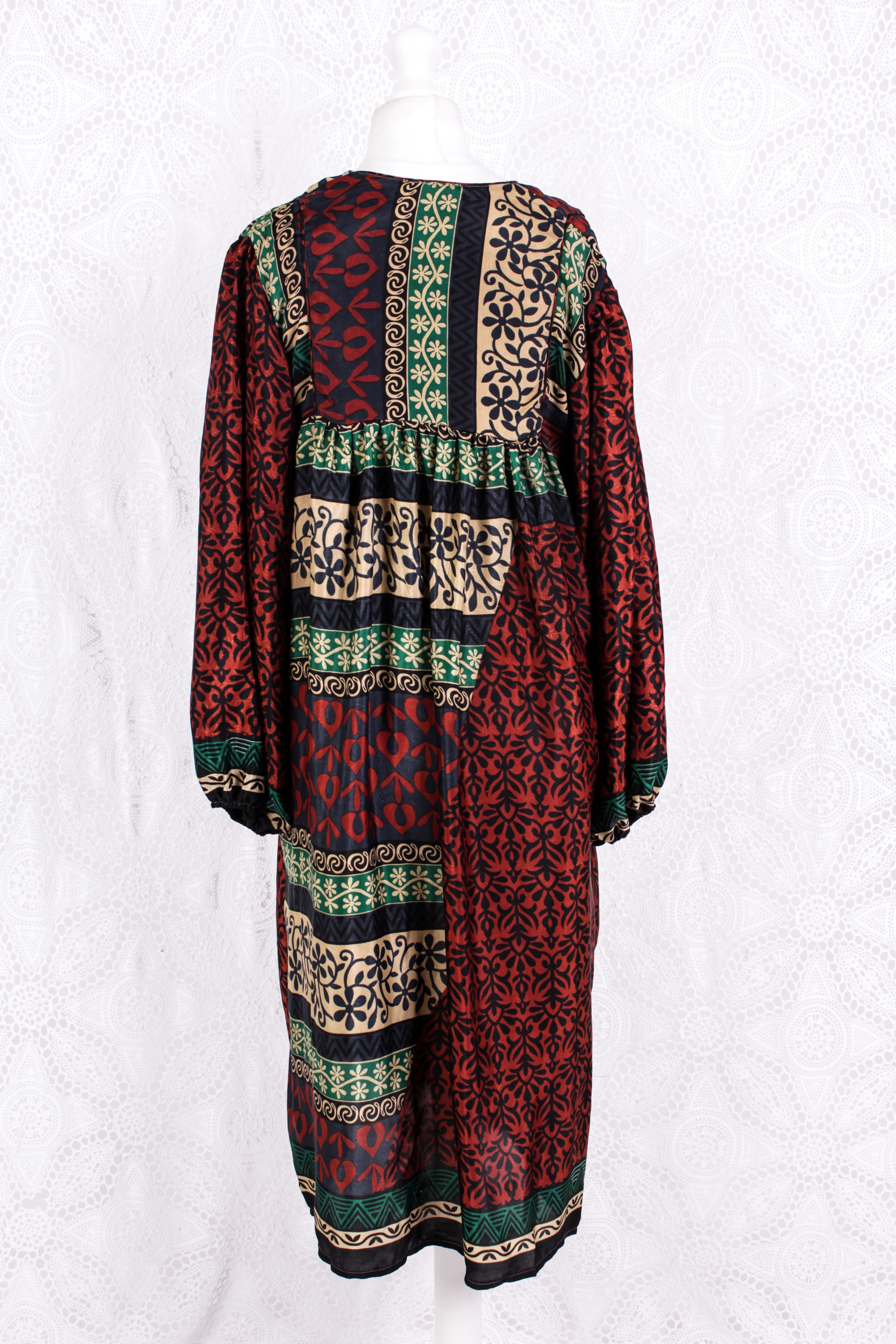 Daphne Smock Dress - Vintage Indian Sari - Russet Navy & Green Floral - M/L - Image 4