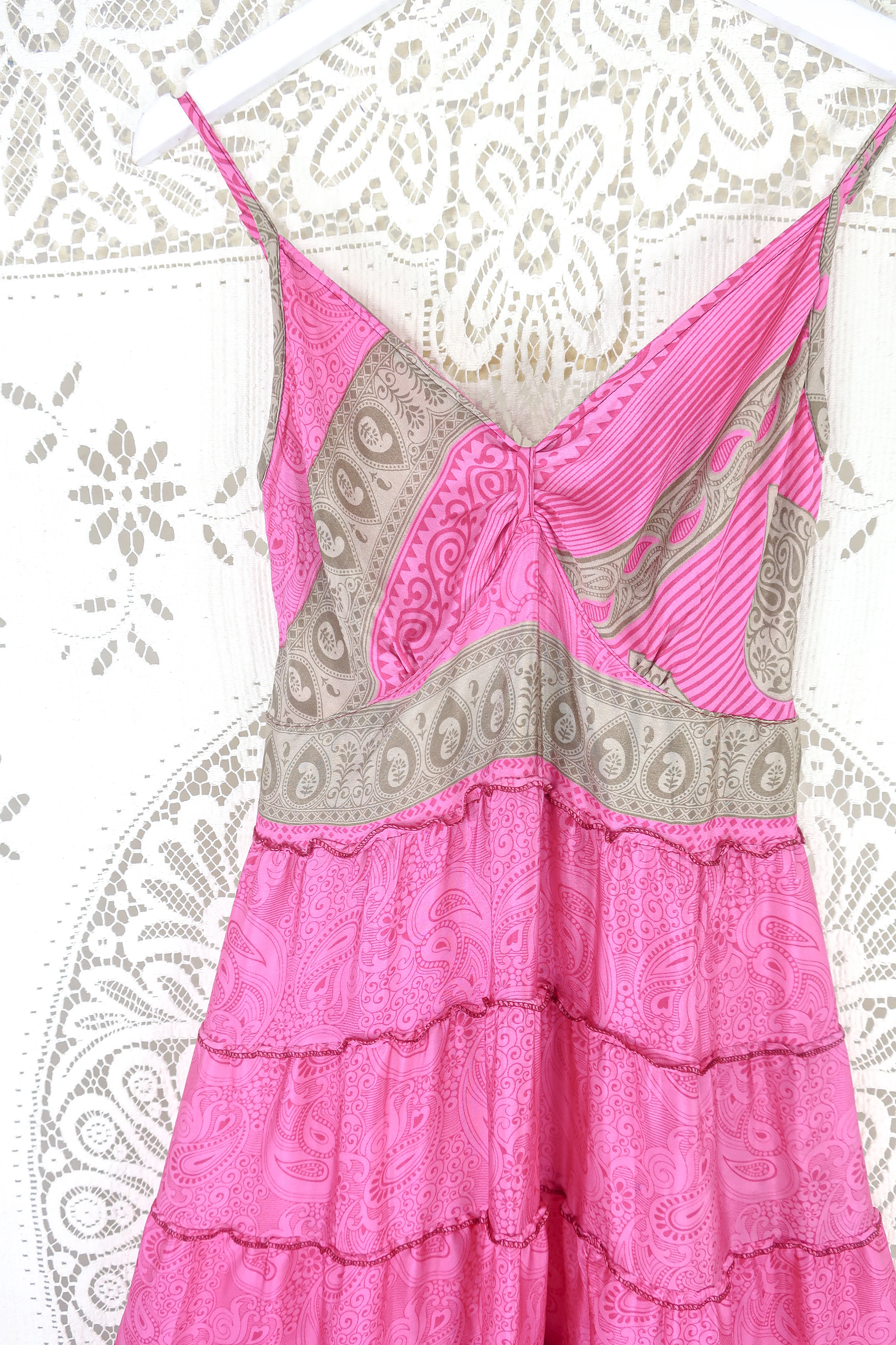 Delilah Maxi Dress - Bright Magenta Pink Paisley - Vintage Sari - Free Size M/L - Image 3