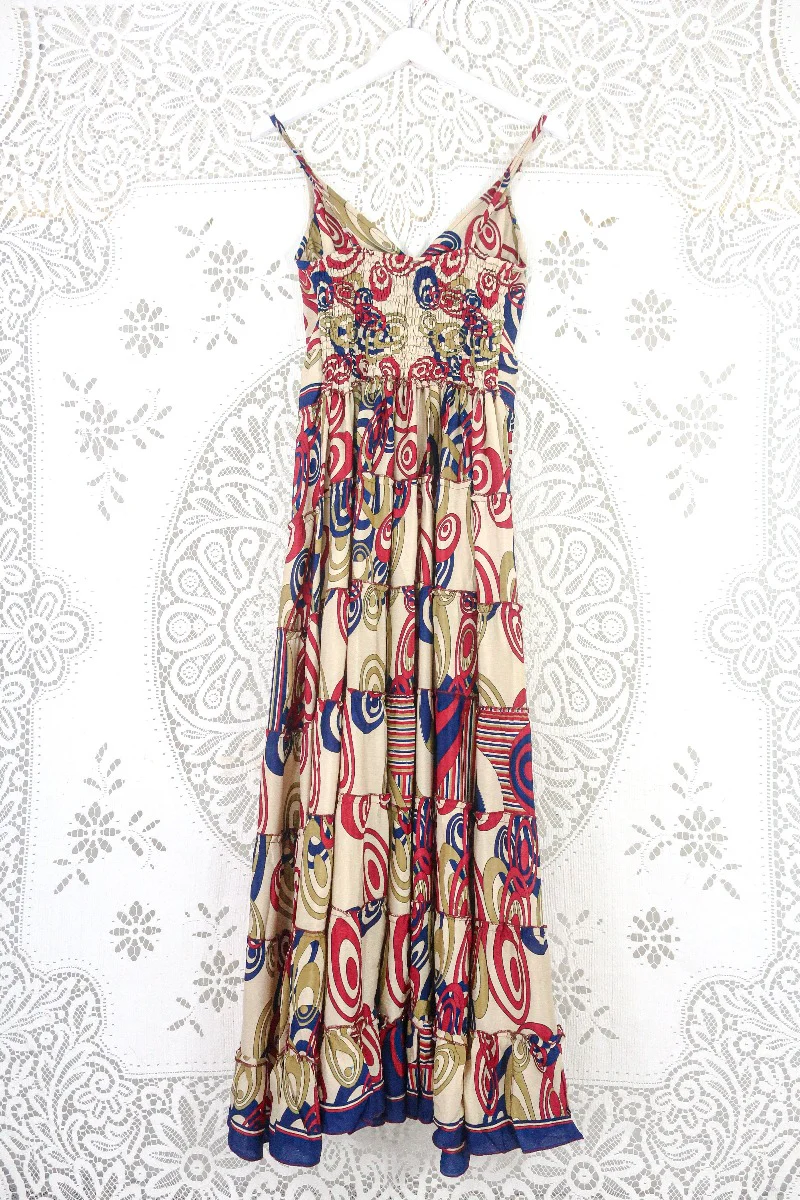 Delilah Maxi Dress - Beige with a Bold Graphic Print - Vintage Sari - Free Size M/L - Image 2