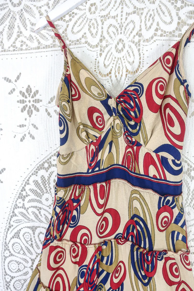 Delilah Maxi Dress - Beige with a Bold Graphic Print - Vintage Sari - Free Size M/L - Image 3