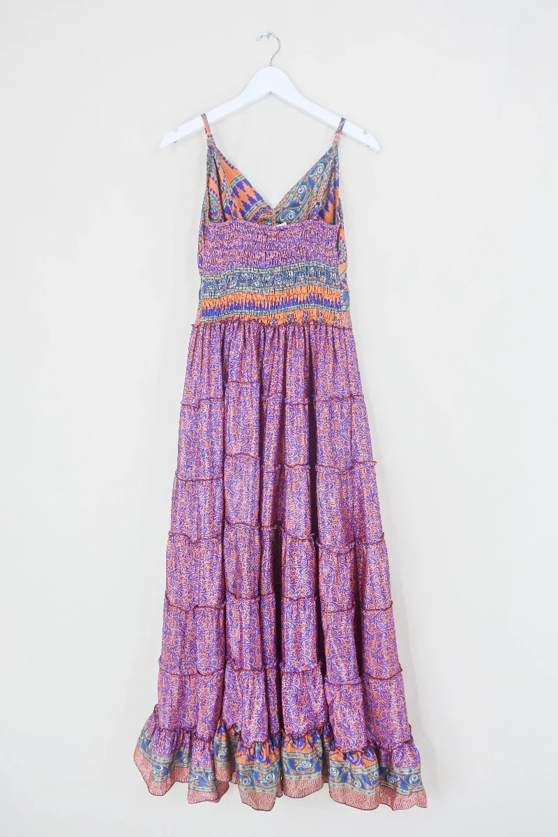 Delilah Maxi Dress - Rust Orange & Indigo - Vintage Sari - Free Size L - Image 3
