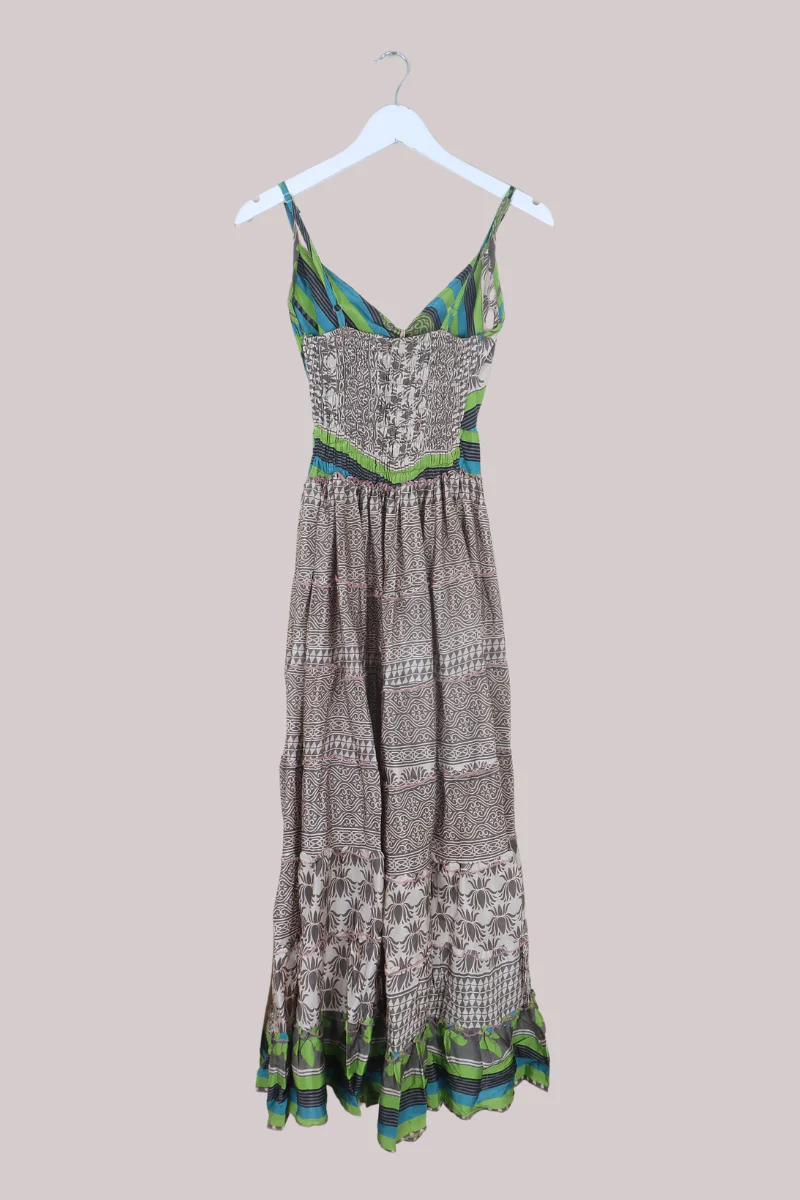 Delilah Recycled Sari Maxi Dress in Cool Brown & Lotus Green - Size XS - Image 2