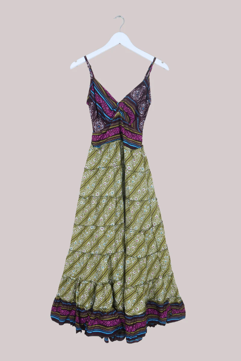 Delilah Recycled Sari Maxi Dress in Olive & Violet Florals - Size XS